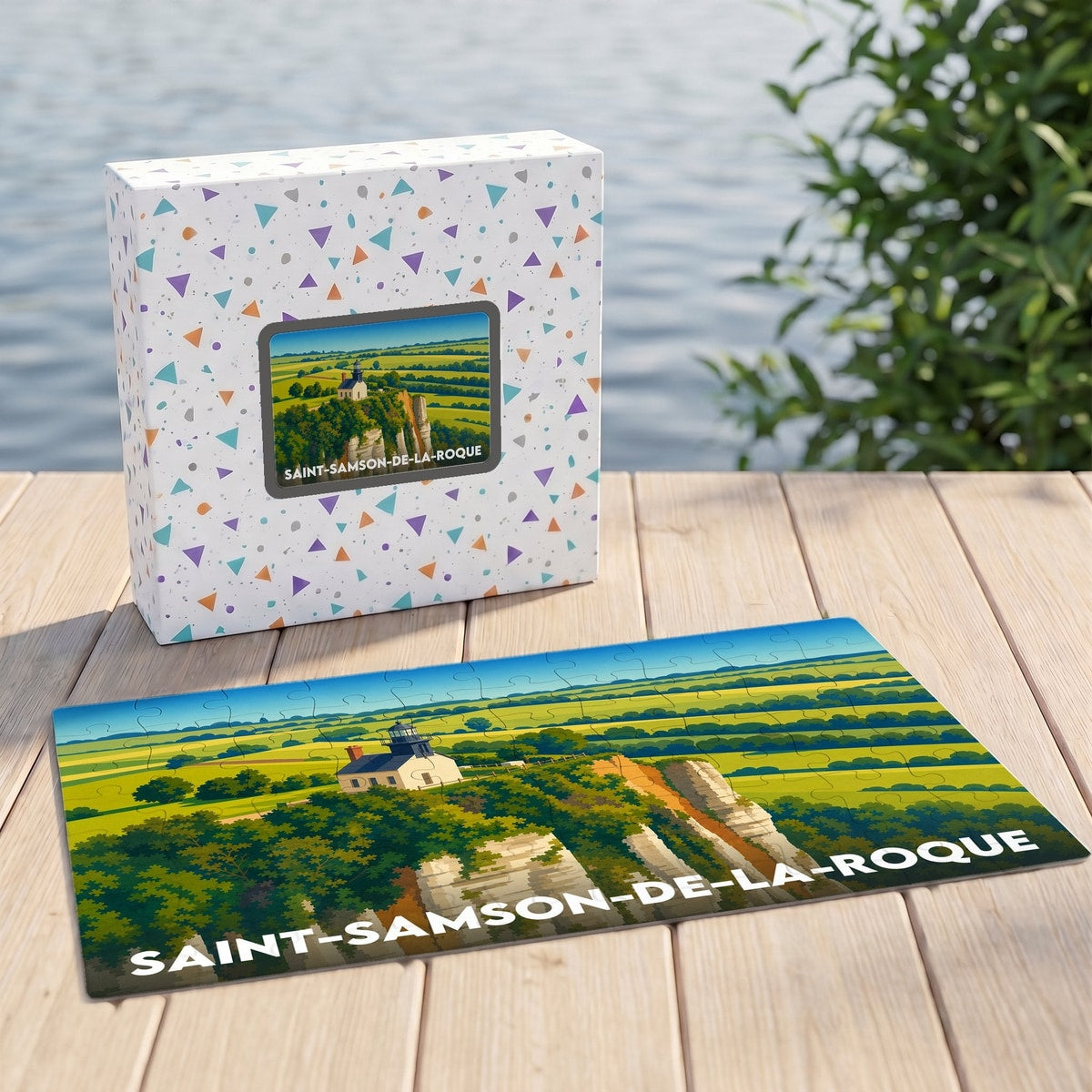 Puzzle souvenir de la ville de Saint-Samson-de-la-Roque avec une illustration stylisée de son phare surplombant l'estuaire.