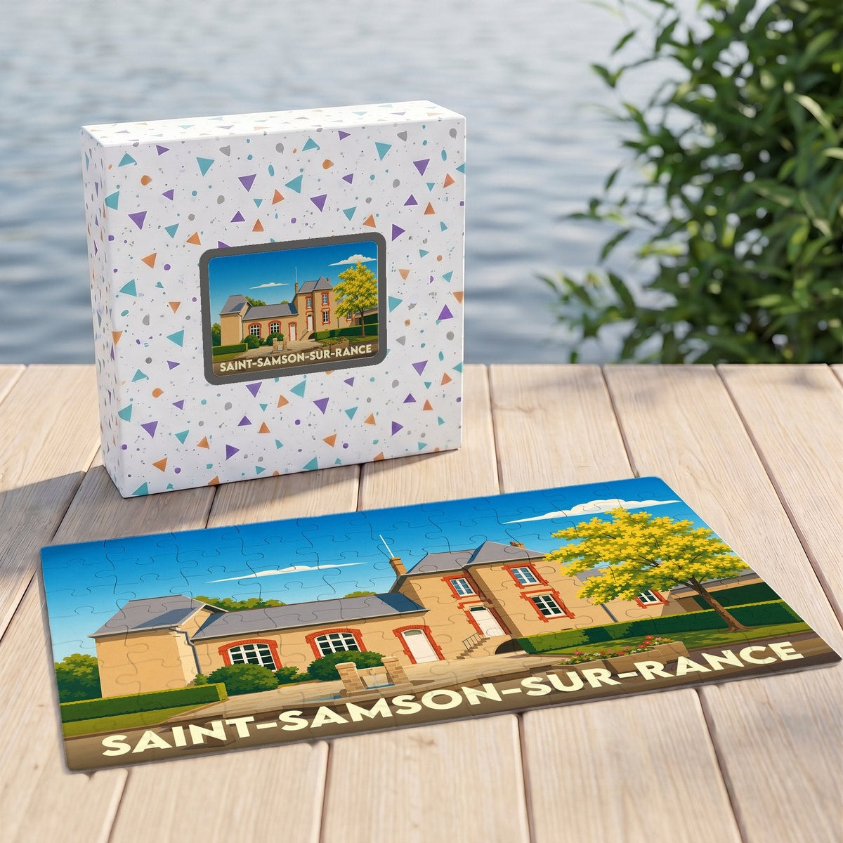 Puzzle souvenir de la ville de Saint-Samson-sur-Rance avec une illustration stylisée de son patrimoine.