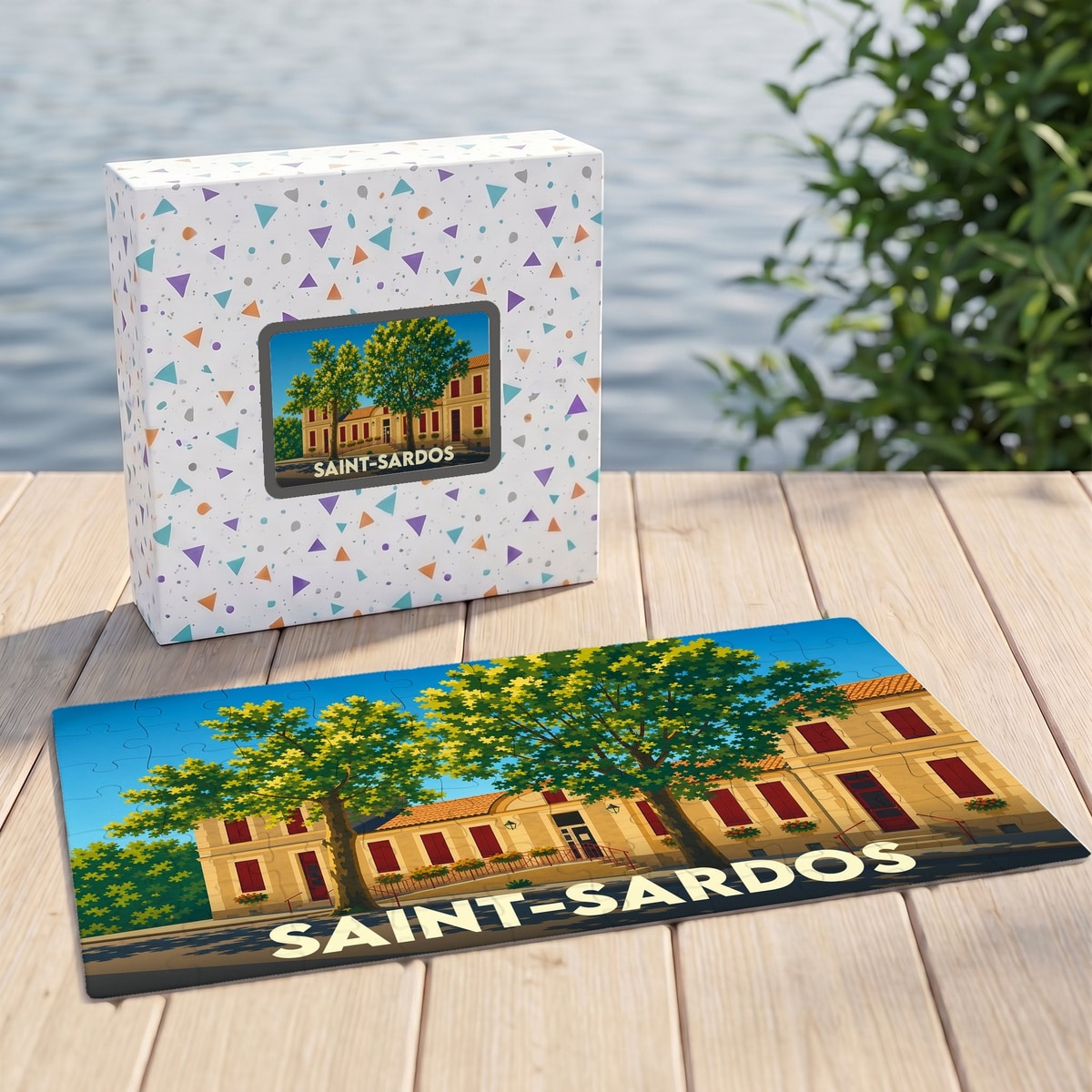 Puzzle souvenir de la ville de Saint-Sardos avec une illustration stylisée d'un bâtiment arboré.