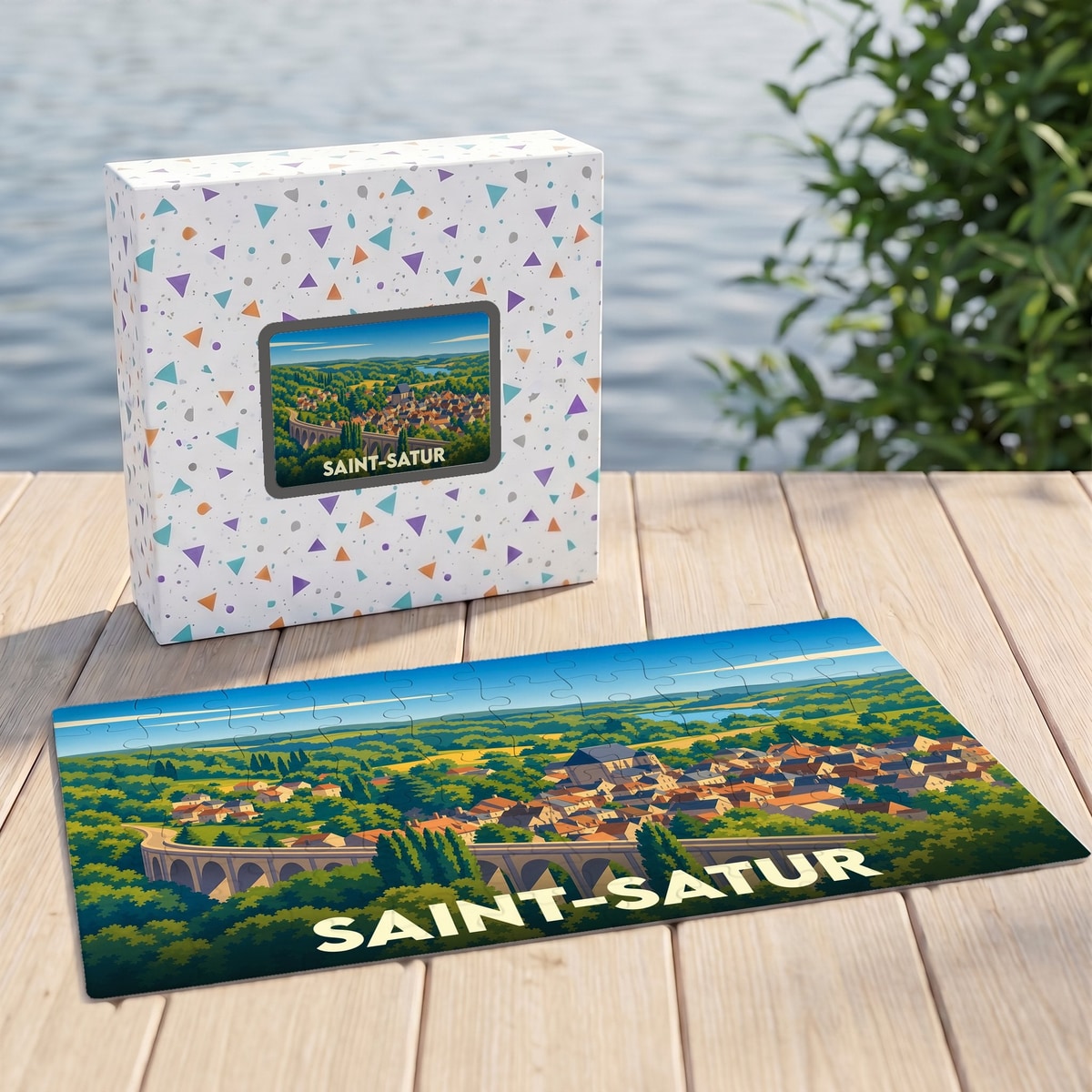 Puzzle souvenir de la ville de Saint-Satur avec une illustration stylisée d'un viaduc et de son village.