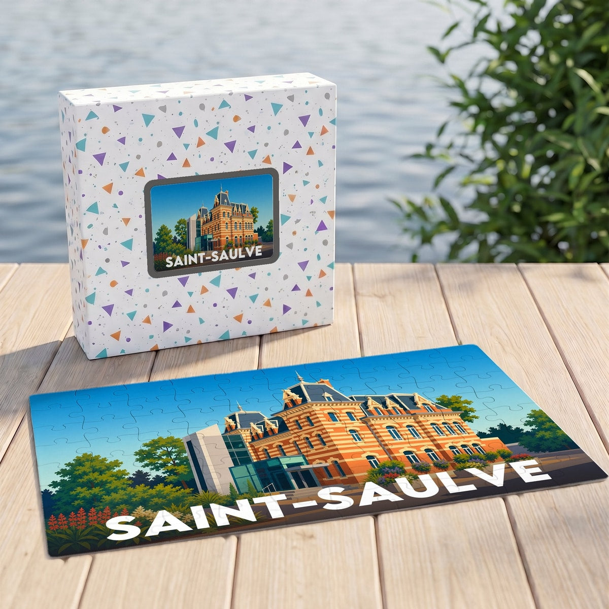 Puzzle souvenir de la ville de Saint-Saulve avec une illustration stylisée de son hôtel de ville.