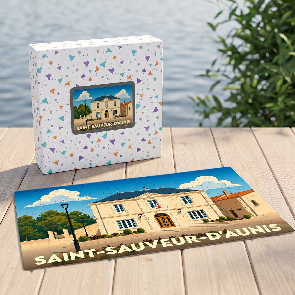 Puzzle souvenir de la ville de Saint-Sauveur-d’Aunis avec une illustration stylisée de sa mairie.