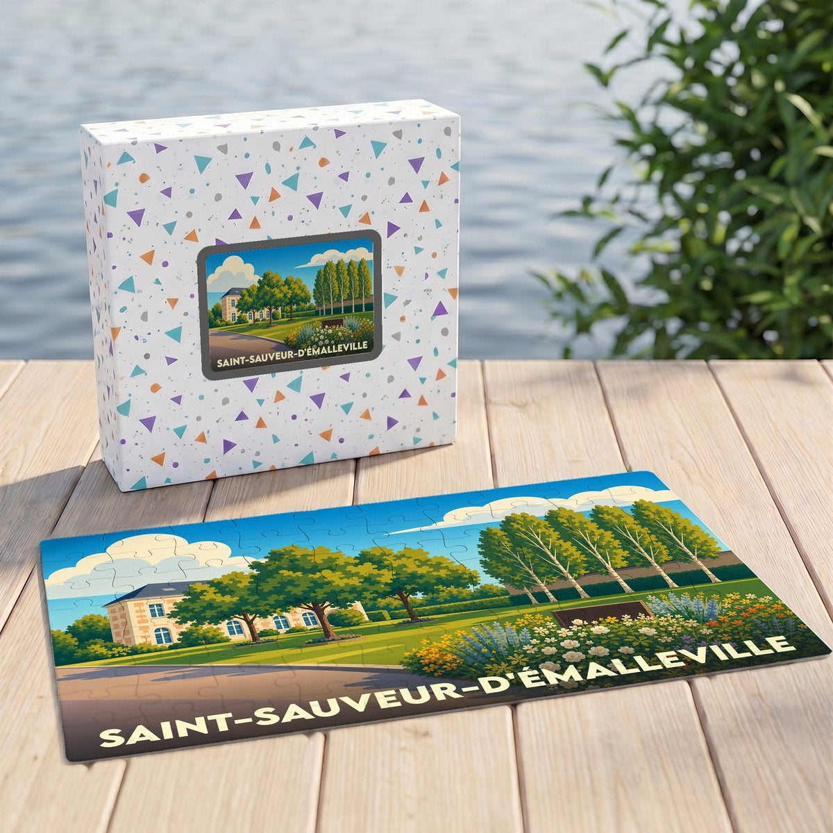 Puzzle souvenir de la ville de Saint-Sauveur-d'Émalleville avec une illustration paysagère stylisée.