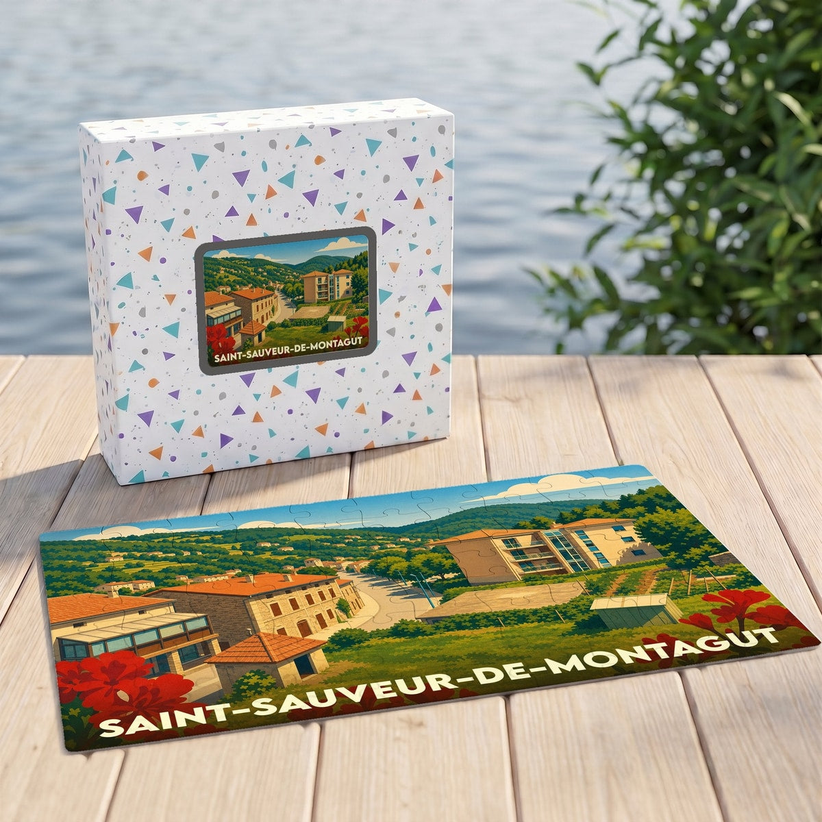 Puzzle souvenir de la ville de Saint-Sauveur-de-Montagut avec une illustration paysagère stylisée.
