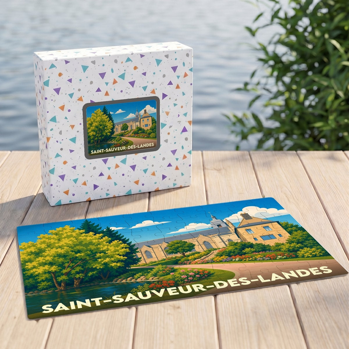 Puzzle souvenir de la ville de Saint-Sauveur-des-Landes avec une illustration stylisée d'un paysage local.