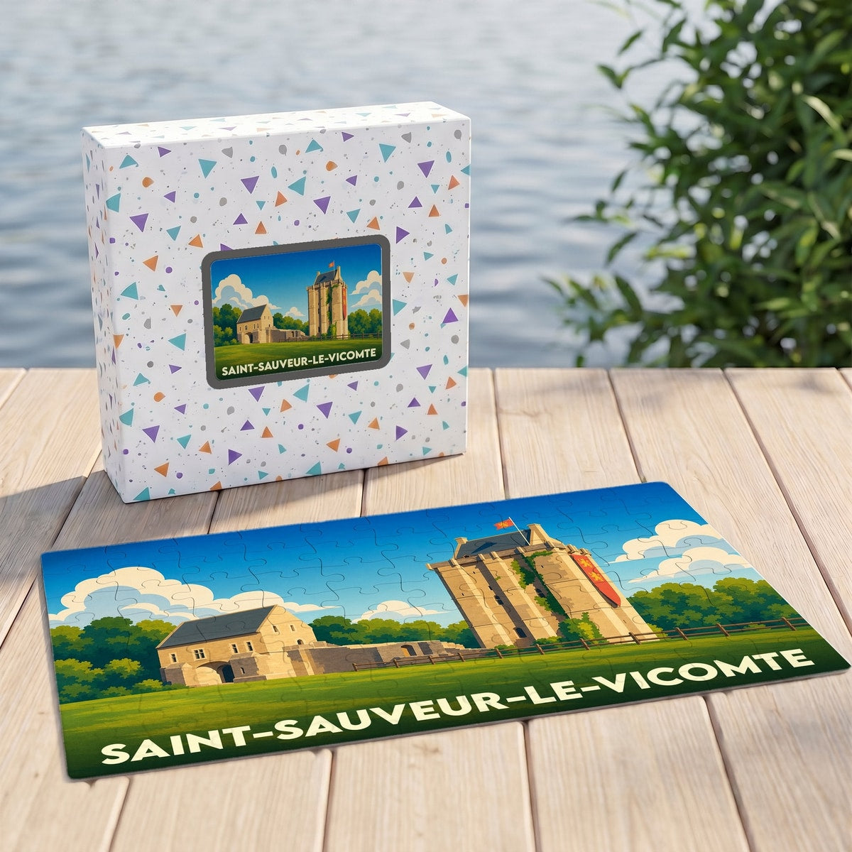 Puzzle souvenir de la ville de Saint-Sauveur-le-Vicomte avec une illustration stylisée de son château médiéval.