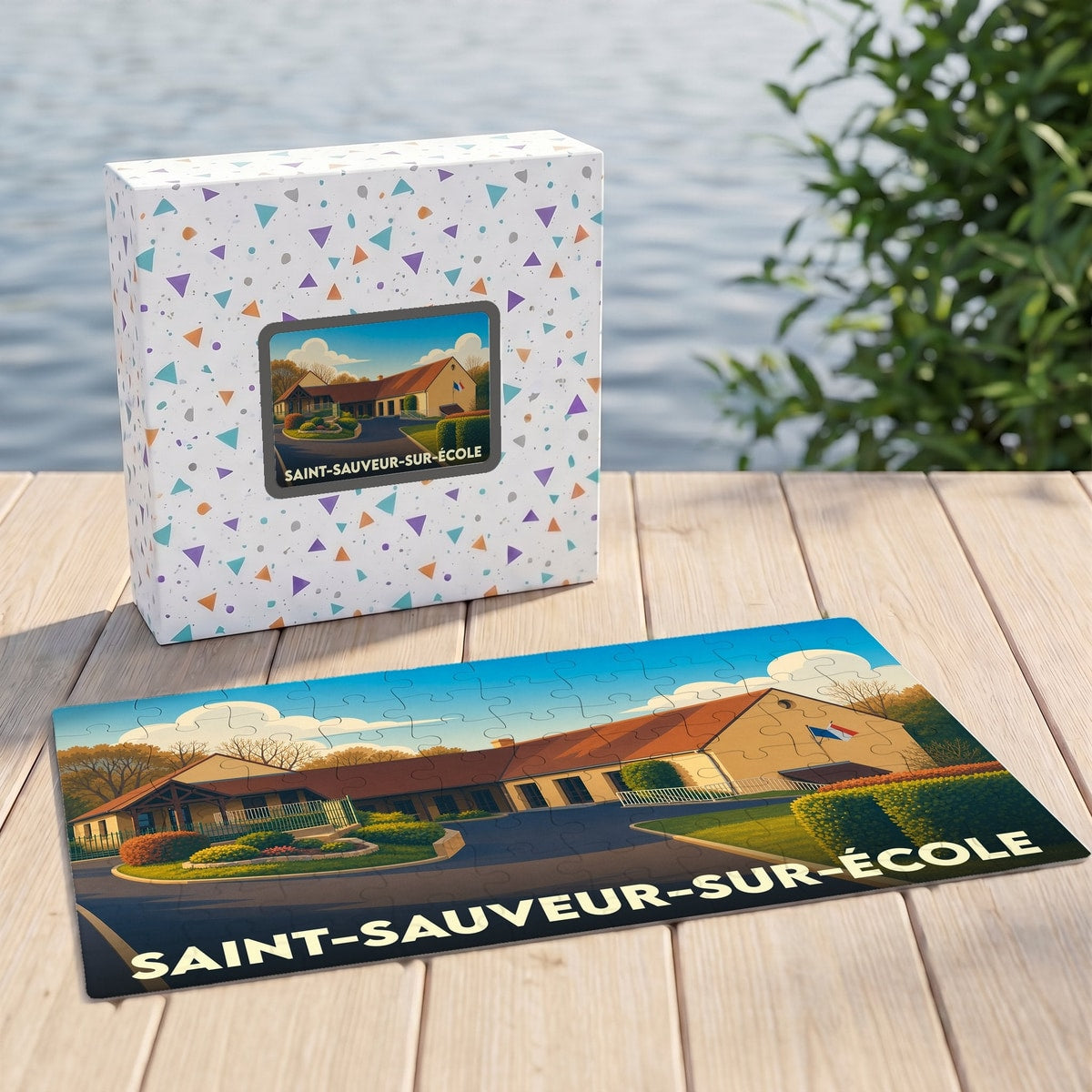 Puzzle souvenir de la ville de Saint-Sauveur-sur-École avec une illustration stylisée de sa mairie.