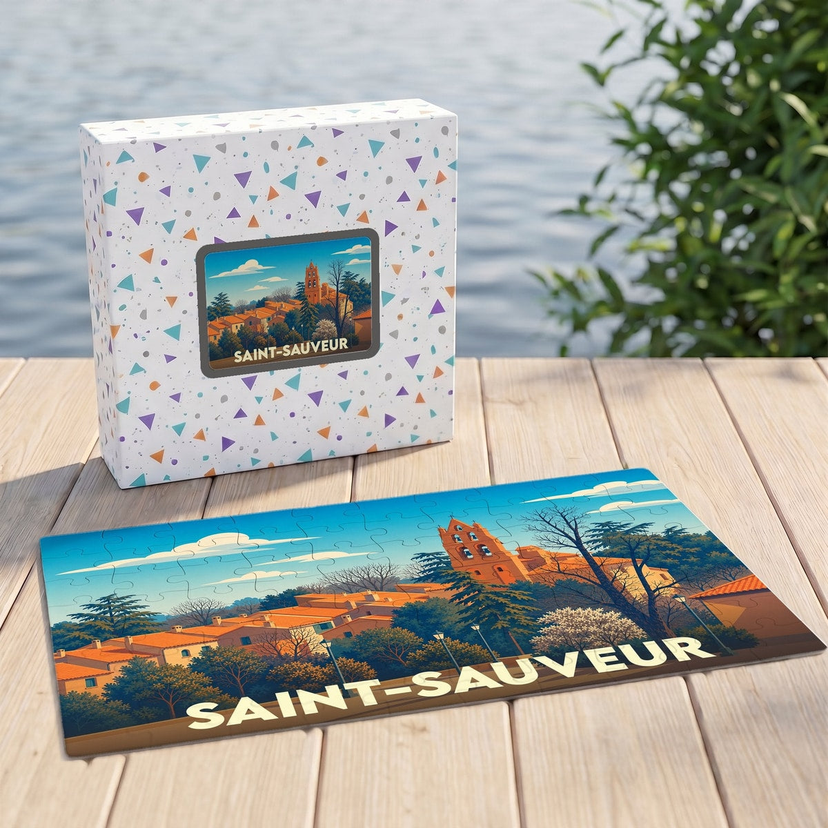 Puzzle souvenir de la ville de Saint-Sauveur avec une illustration stylisée de ses paysages et son église.