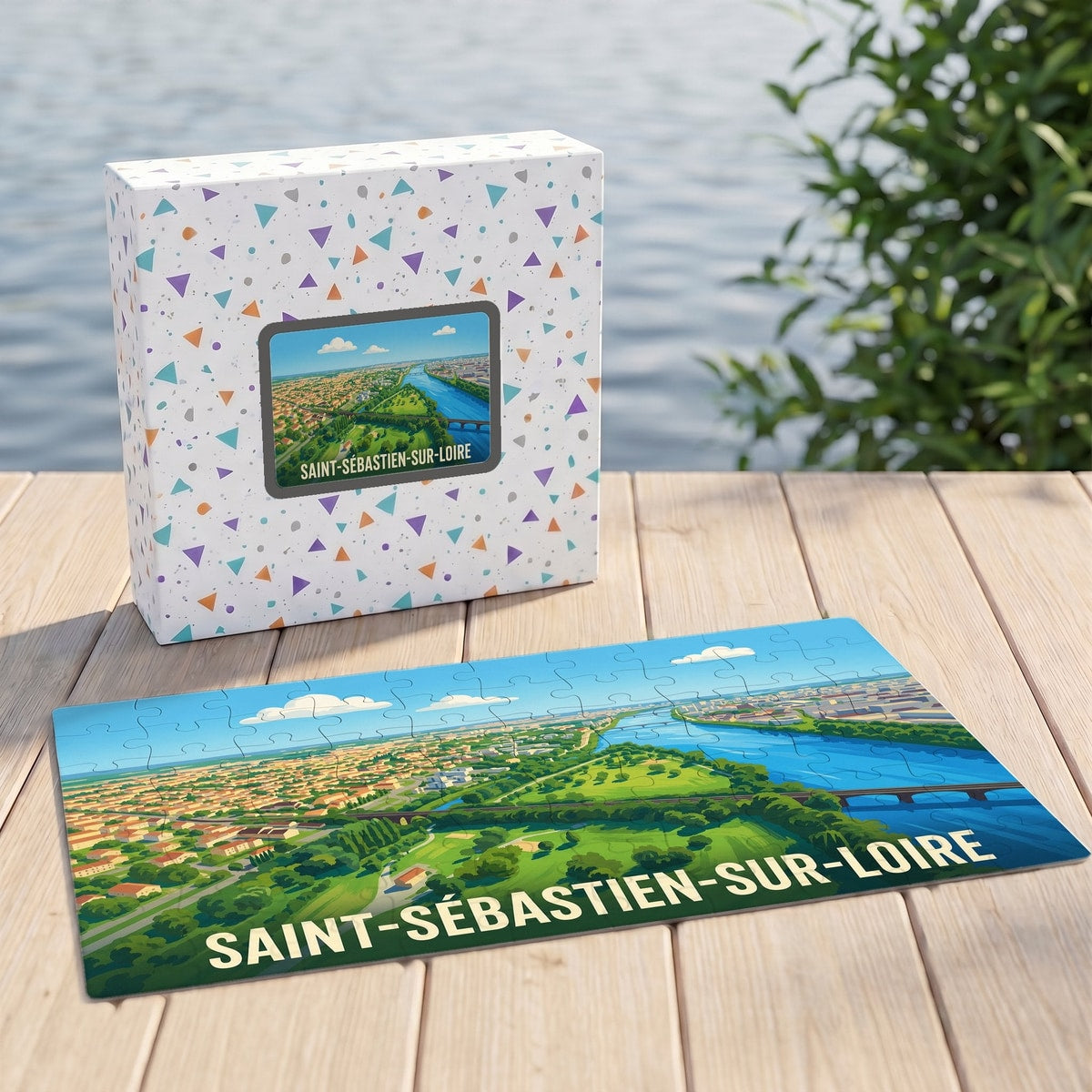 Puzzle souvenir de la ville de Saint-Sébastien-sur-Loire avec une illustration stylisée de la Loire et de son paysage urbain.