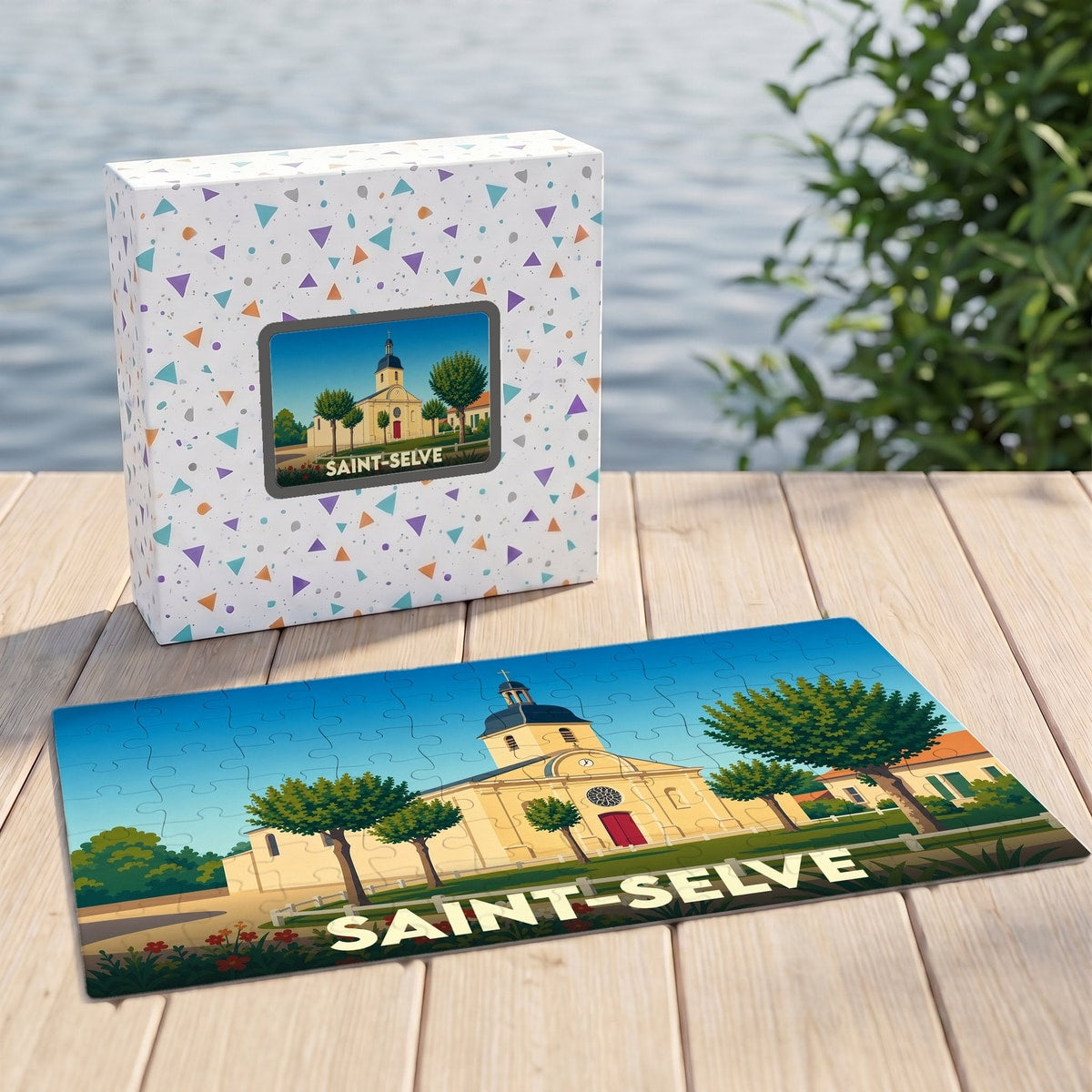 Puzzle souvenir de la ville de Saint-Selve avec une illustration stylisée d'une église.