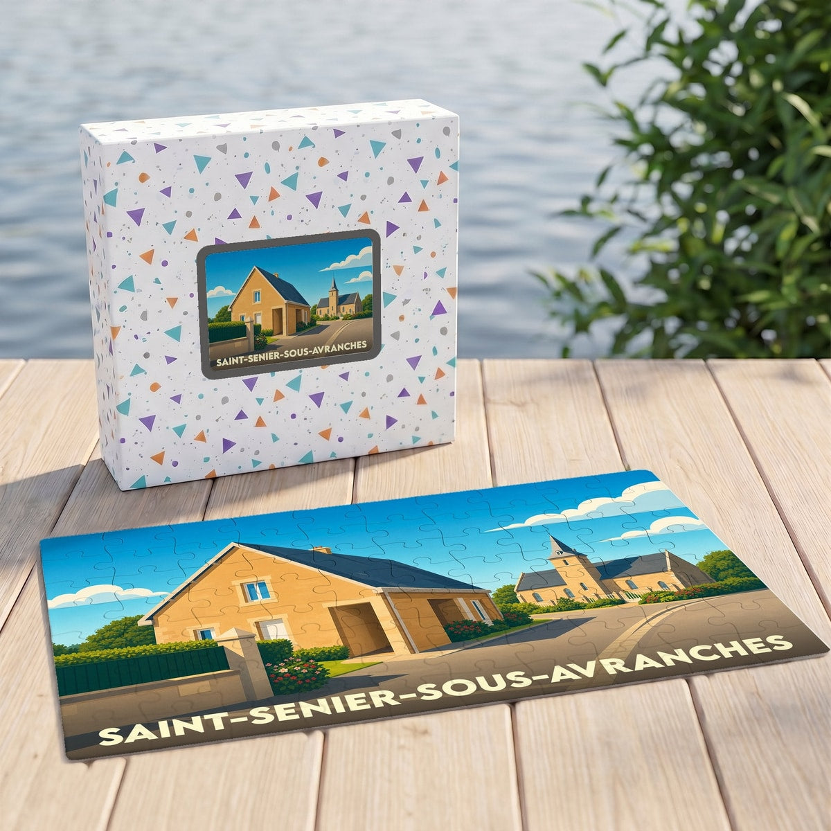 Puzzle souvenir de la ville de Saint-Senier-sous-Avranches avec une illustration stylisée de ses bâtiments.