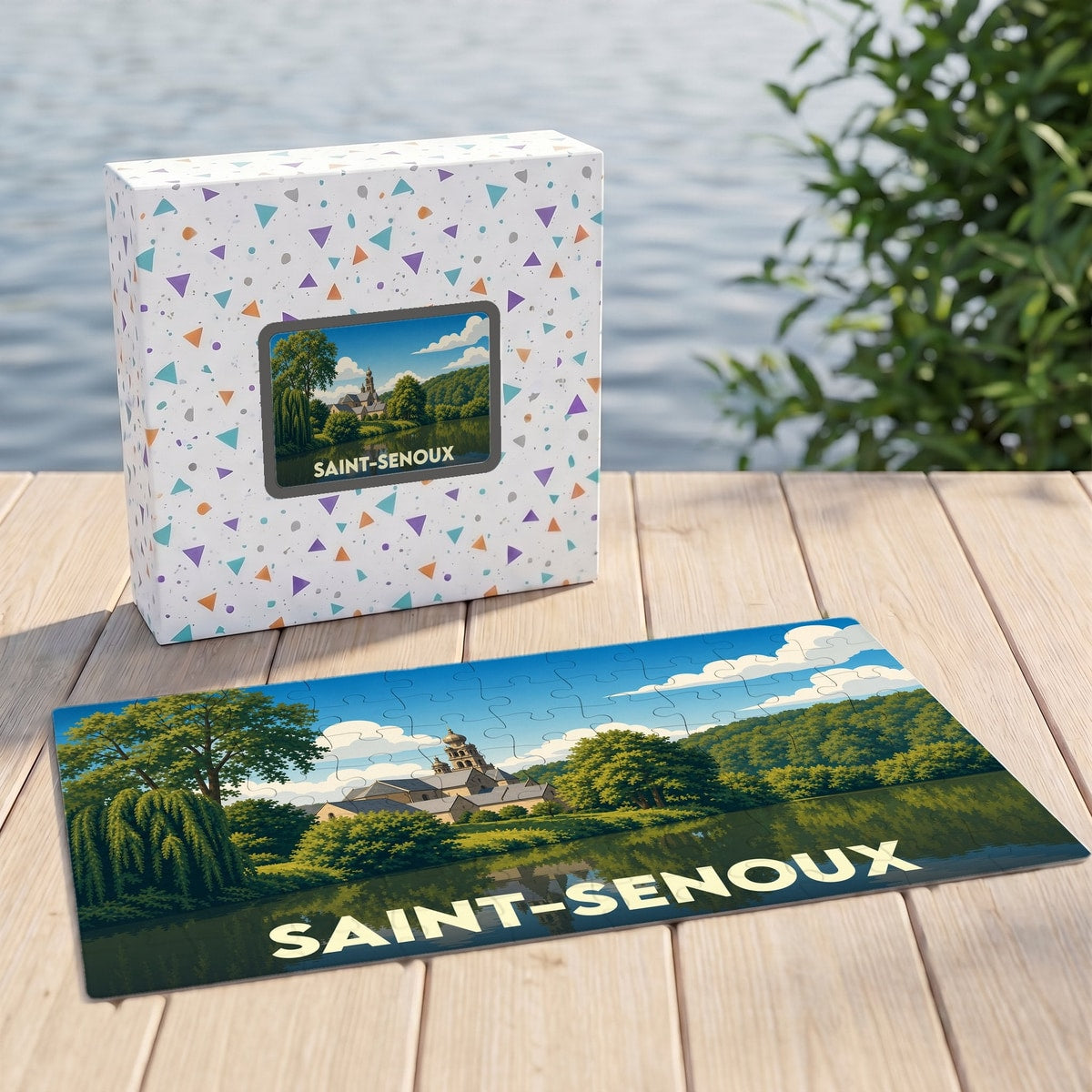 Puzzle souvenir de la ville de Saint-Senoux illustré d'un paysage bucolique au bord de l'eau.