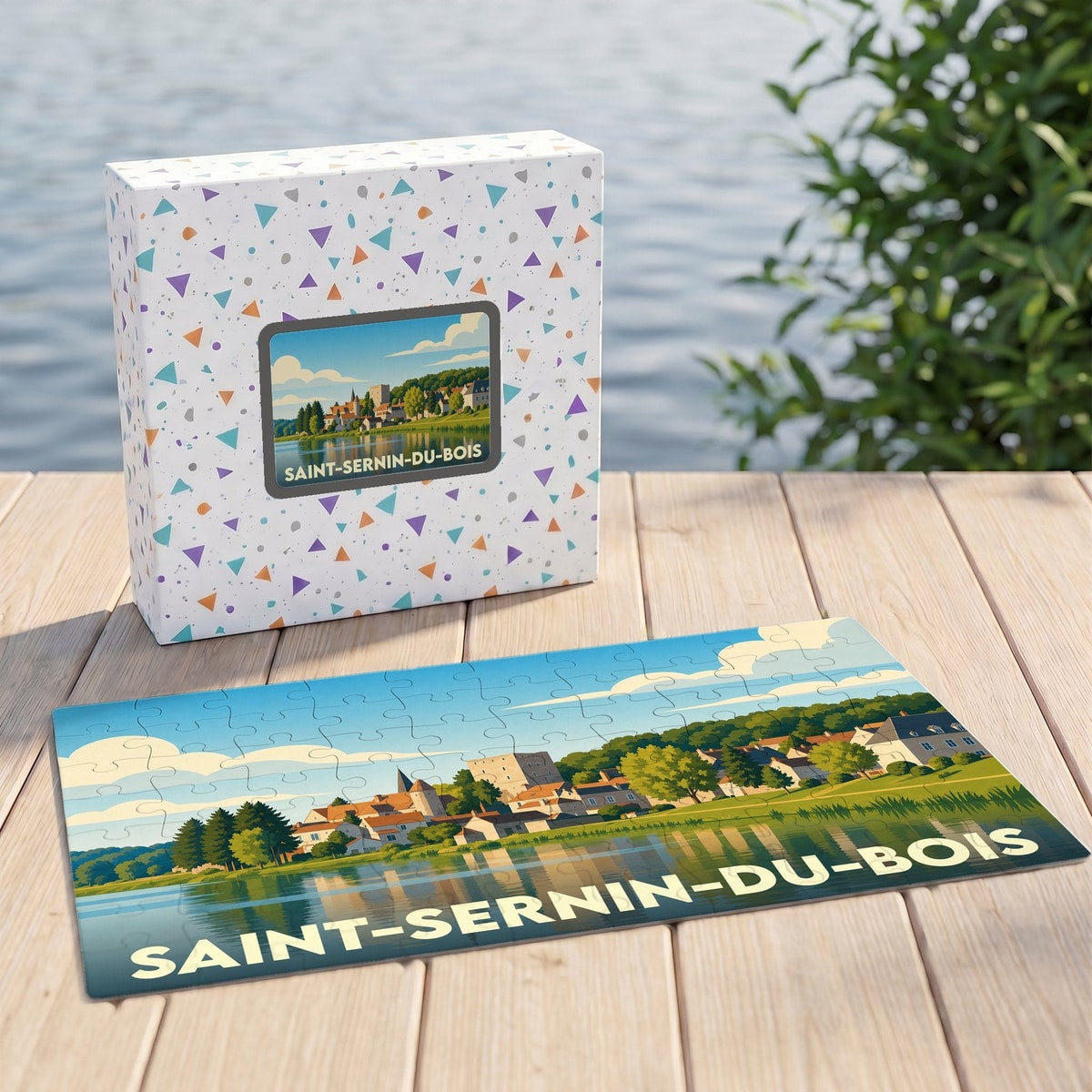 Puzzle souvenir de la ville de Saint-Sernin-du-Bois avec une illustration stylisée de son paysage au bord de l'eau.