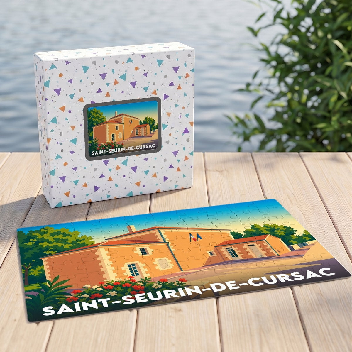 Puzzle souvenir de la ville de Saint-Seurin-de-Cursac avec une illustration stylisée de sa mairie.