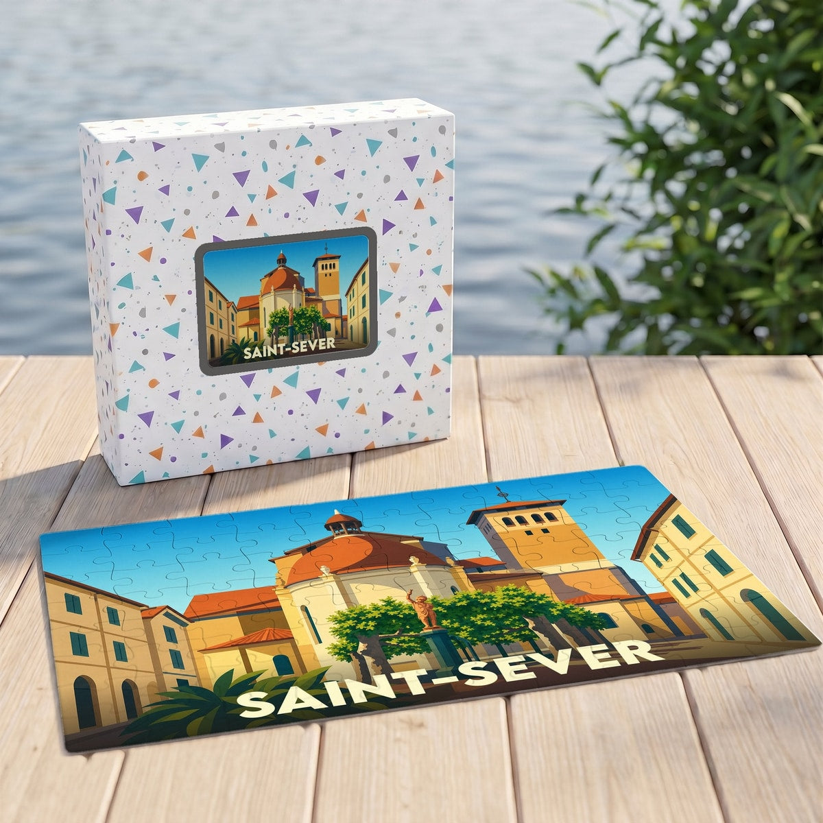 Puzzle souvenir de la ville de Saint-Sever avec une illustration stylisée et sa boîte assortie.