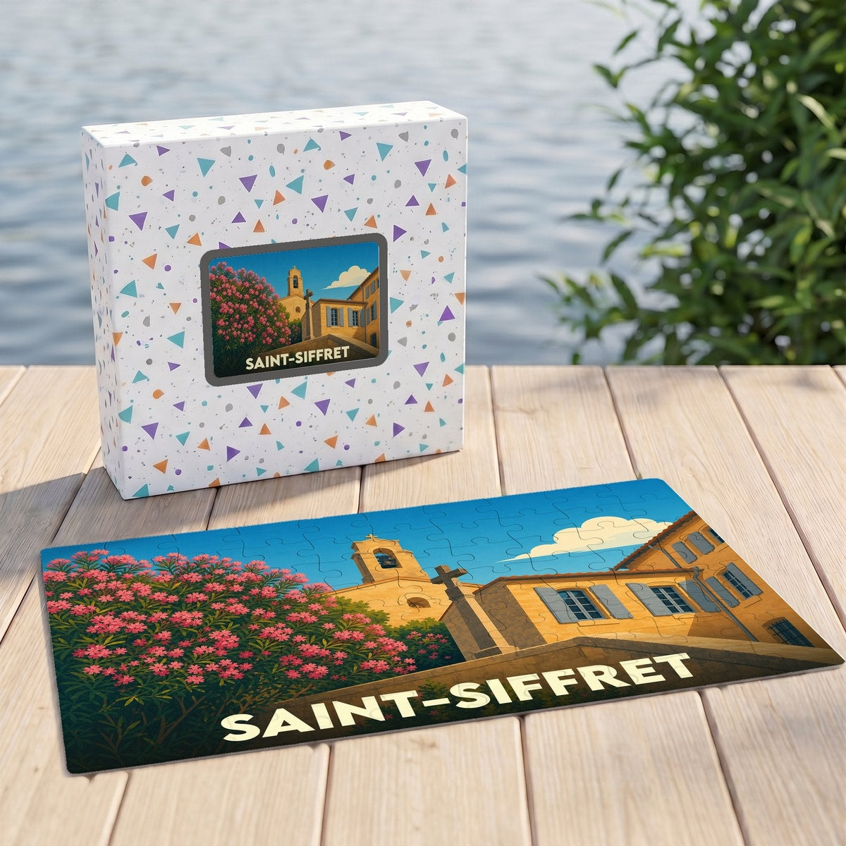 Puzzle souvenir de la ville de Saint-Siffret avec une illustration stylisée d'un paysage provençal.