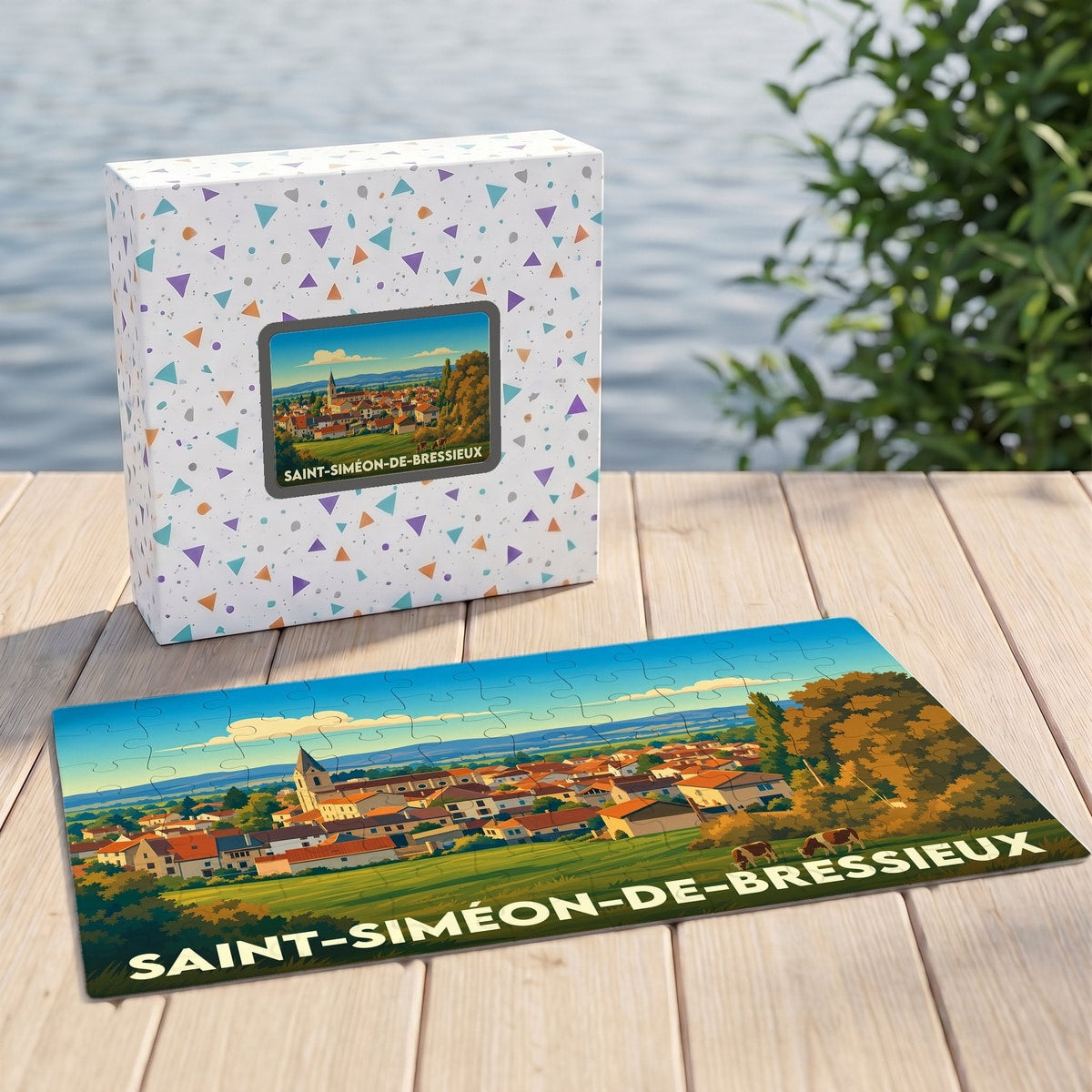 Puzzle souvenir de la ville de Saint-Siméon-de-Bressieux avec une illustration de paysage champêtre.