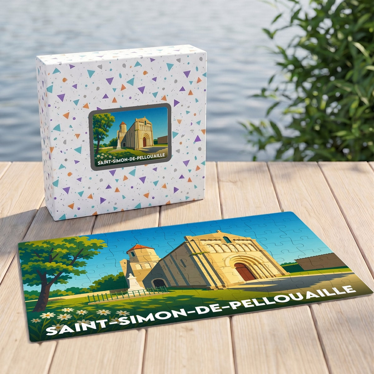 Puzzle souvenir de la ville de Saint-Simon-de-Pellouaille avec une illustration stylisée de son église romane.