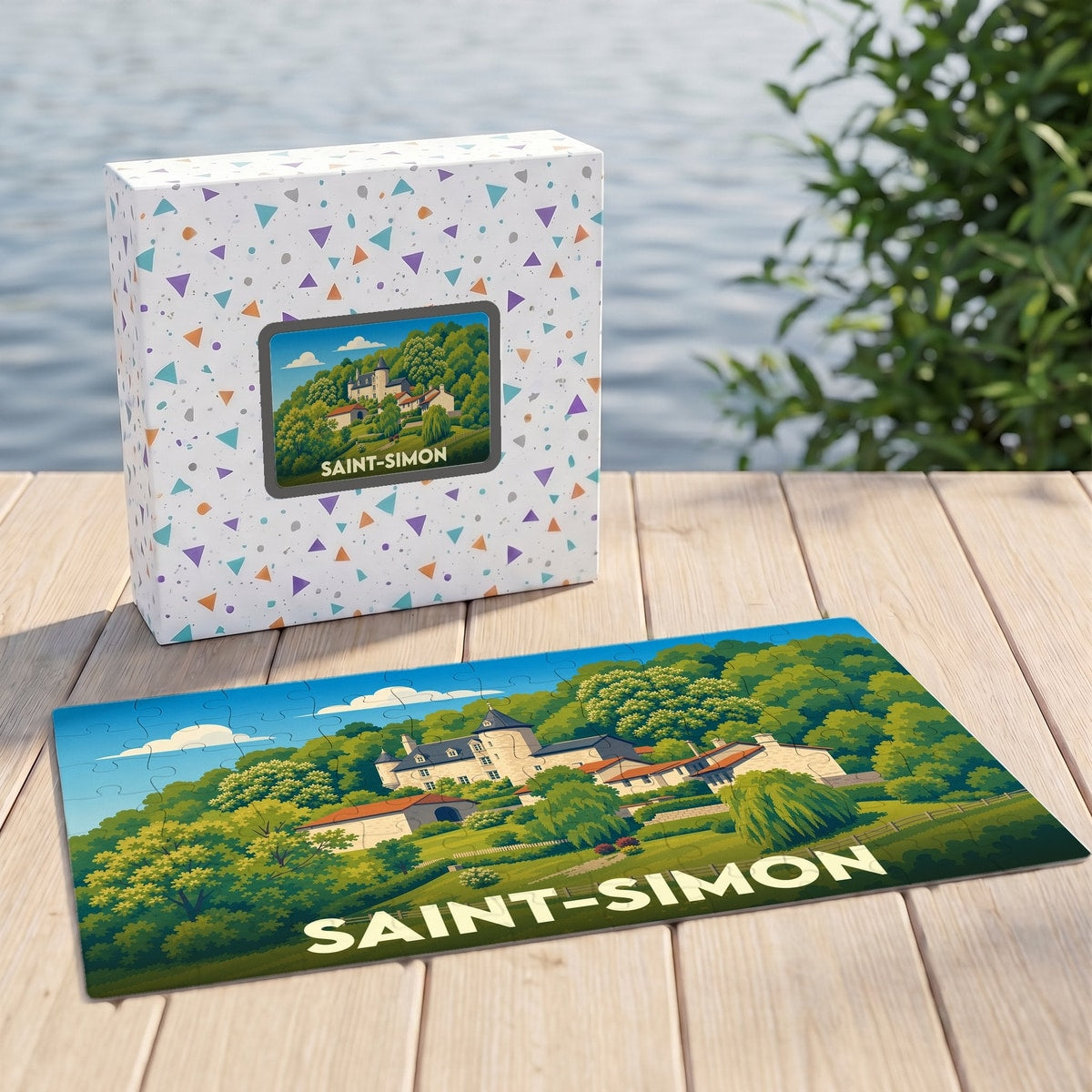 Puzzle souvenir de la ville de Saint-Simon avec une illustration stylisée de son paysage et de son architecture.