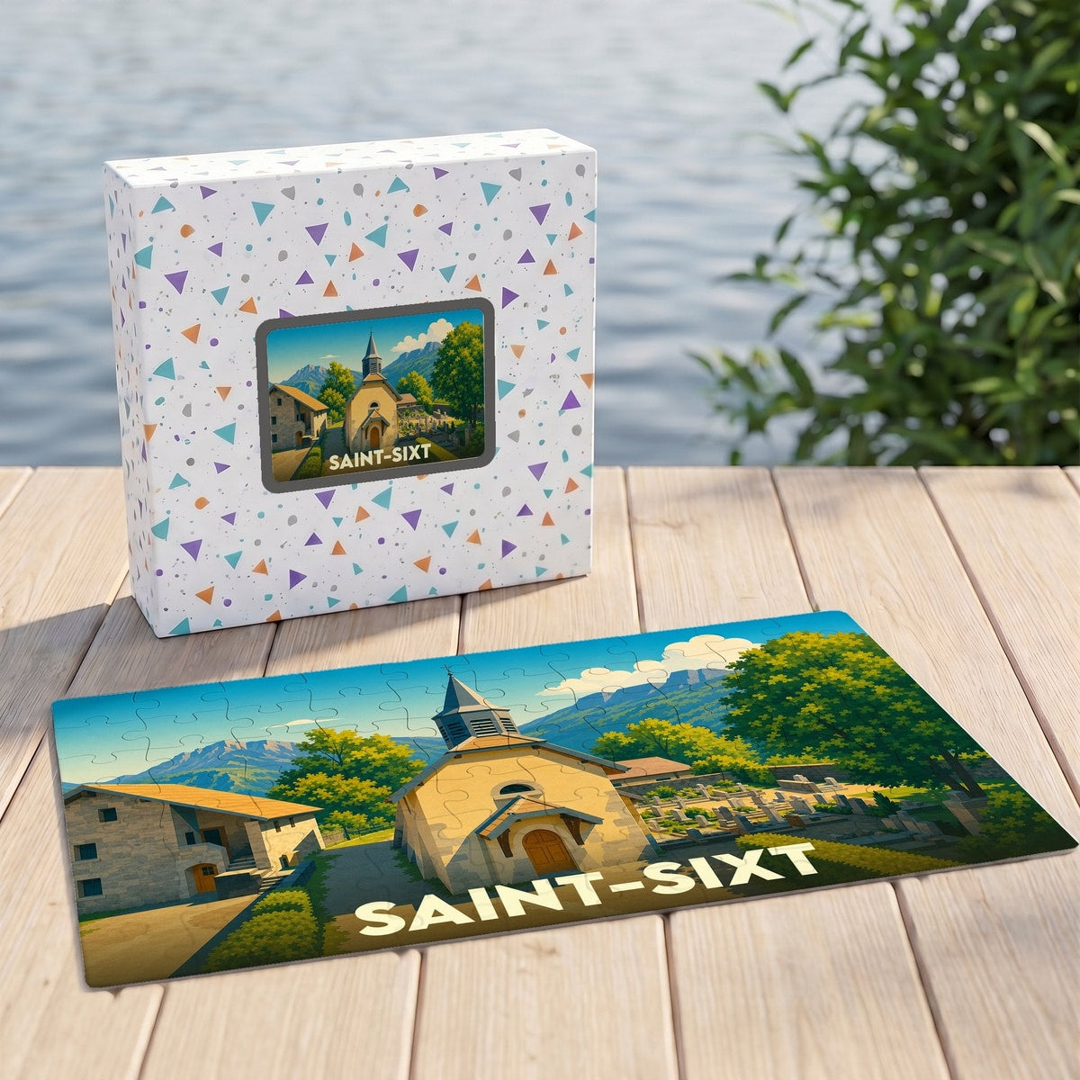 Puzzle souvenir de la ville de Saint-Sixt avec une illustration stylisée de son église et de ses montagnes.