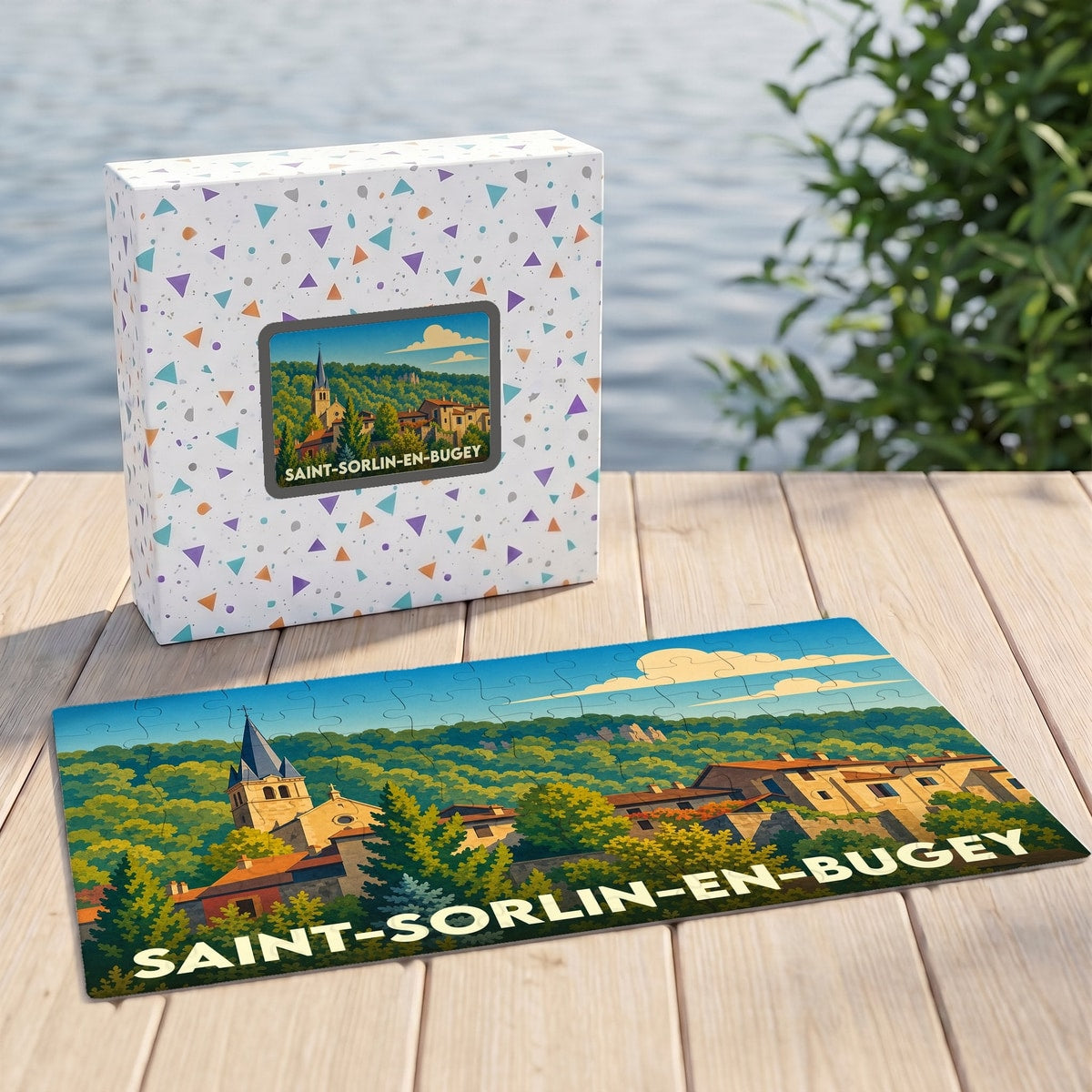 Puzzle souvenir de la ville de Saint-Sorlin-en-Bugey avec une illustration de style affiche vintage.
