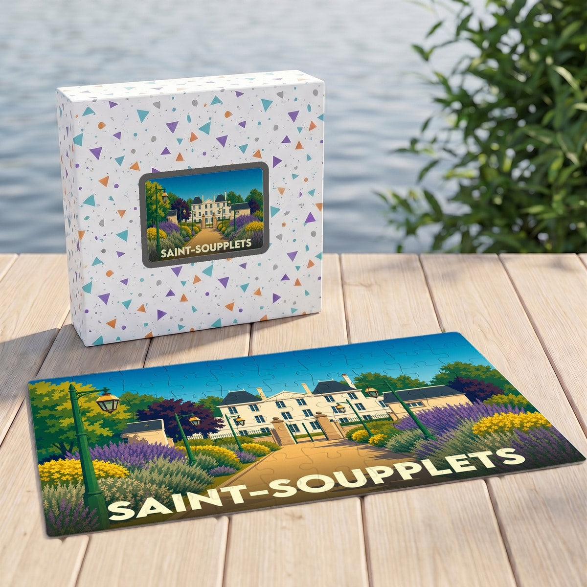 Puzzle souvenir de la ville de Saint-Soupplets avec une illustration stylisée d'un château fleuri.