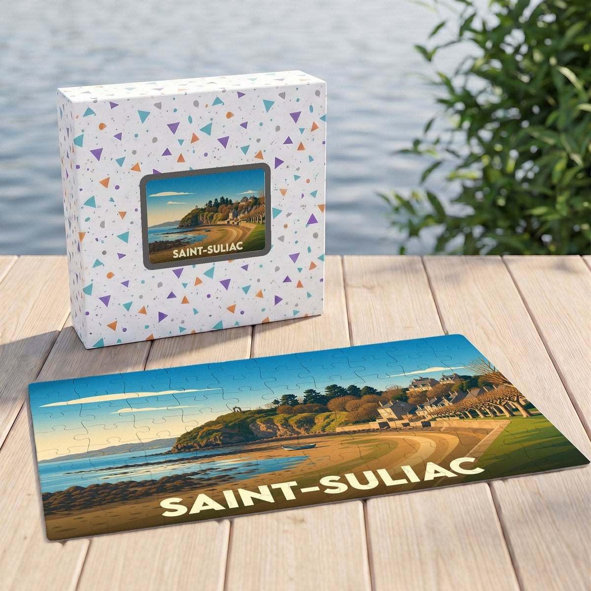 Puzzle souvenir de la ville de Saint-Suliac avec une illustration de paysage maritime stylisée.