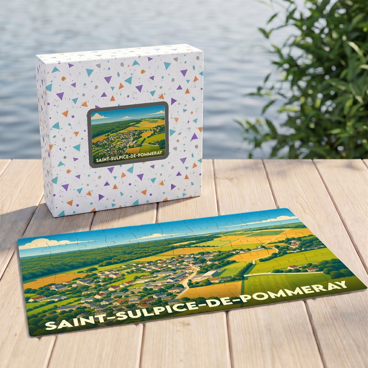 Puzzle souvenir de la ville de Saint-Sulpice-de-Pommeray avec une illustration paysagère stylisée.
