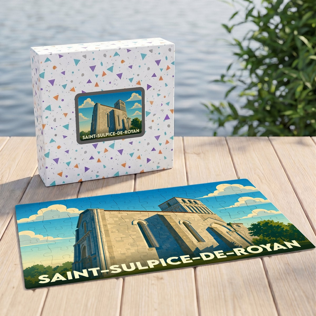 Puzzle souvenir de la ville de Saint-Sulpice-de-Royan avec une illustration stylisée de son église romane.