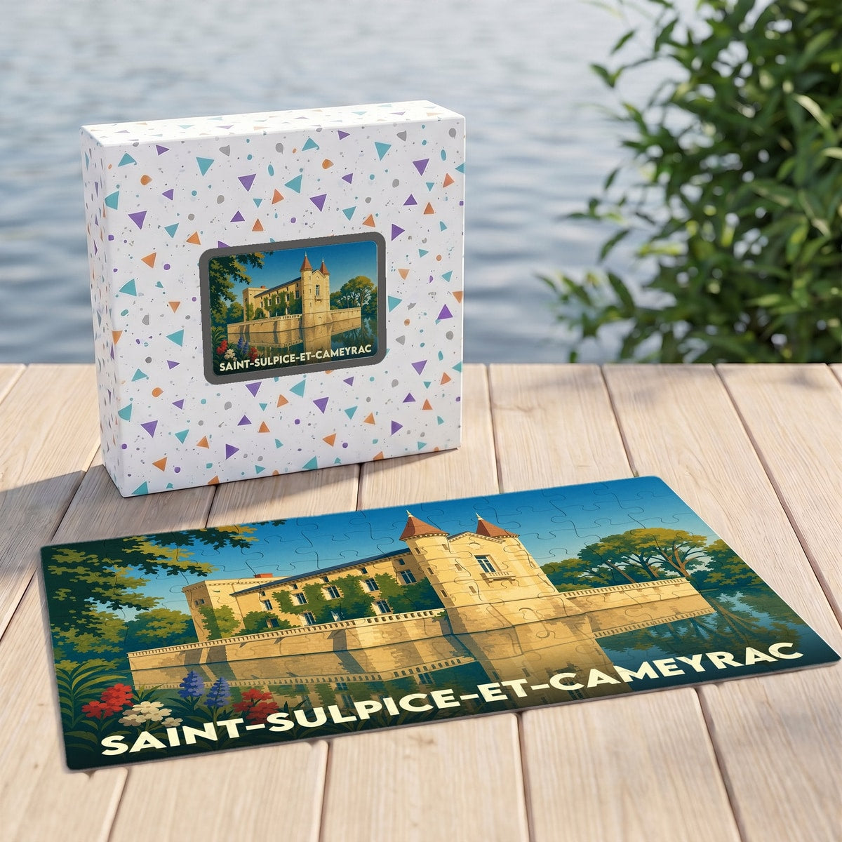 Puzzle souvenir de la ville de Saint-Sulpice-et-Cameyrac avec une illustration stylisée de son château.