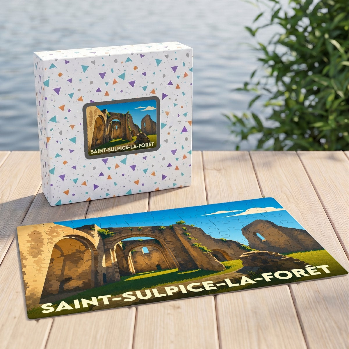 Puzzle souvenir de la ville de Saint-Sulpice-la-Forêt illustrant des ruines historiques avec un style graphique épuré.