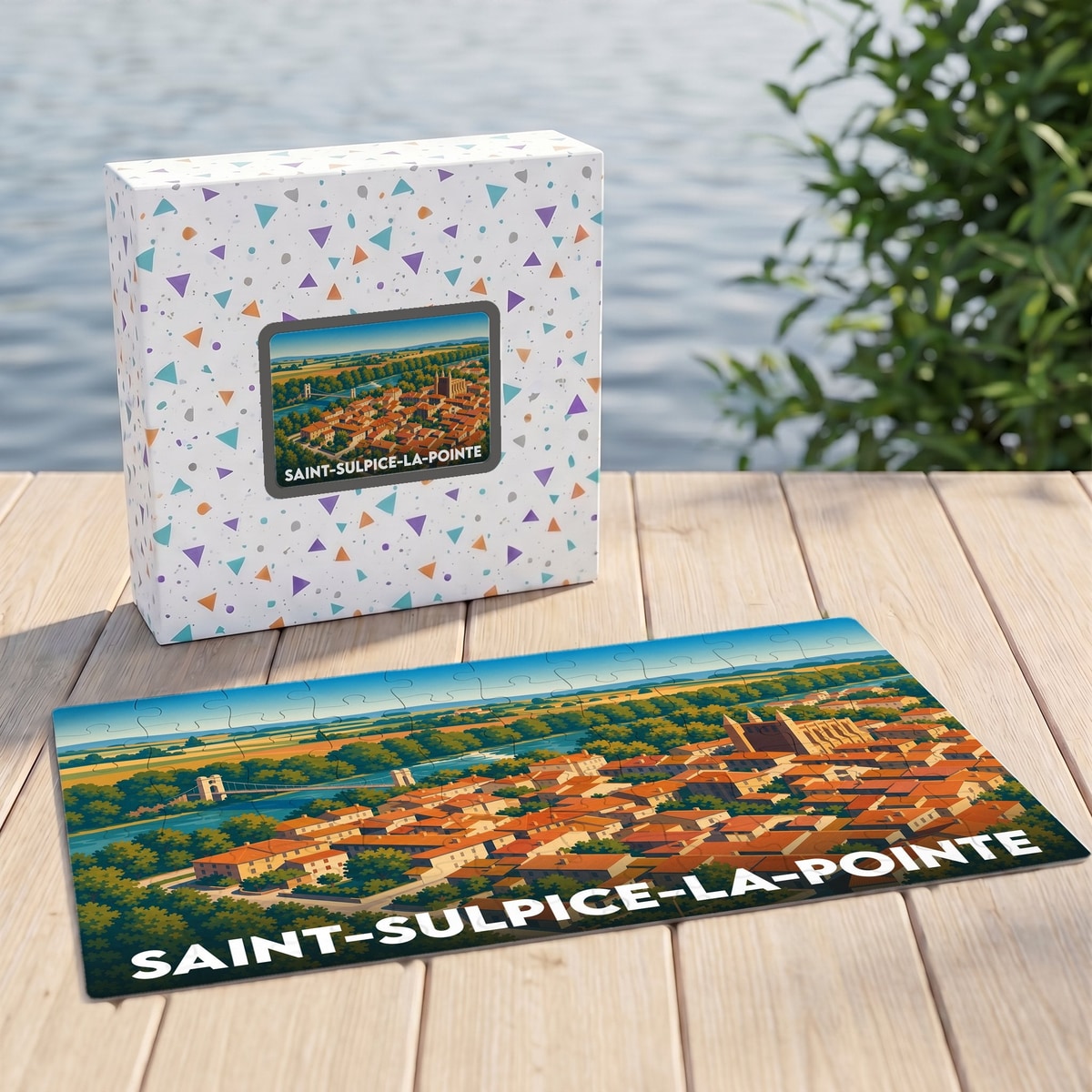 Puzzle souvenir de la ville de Saint-Sulpice-la-Pointe avec une illustration panoramique stylisée.
