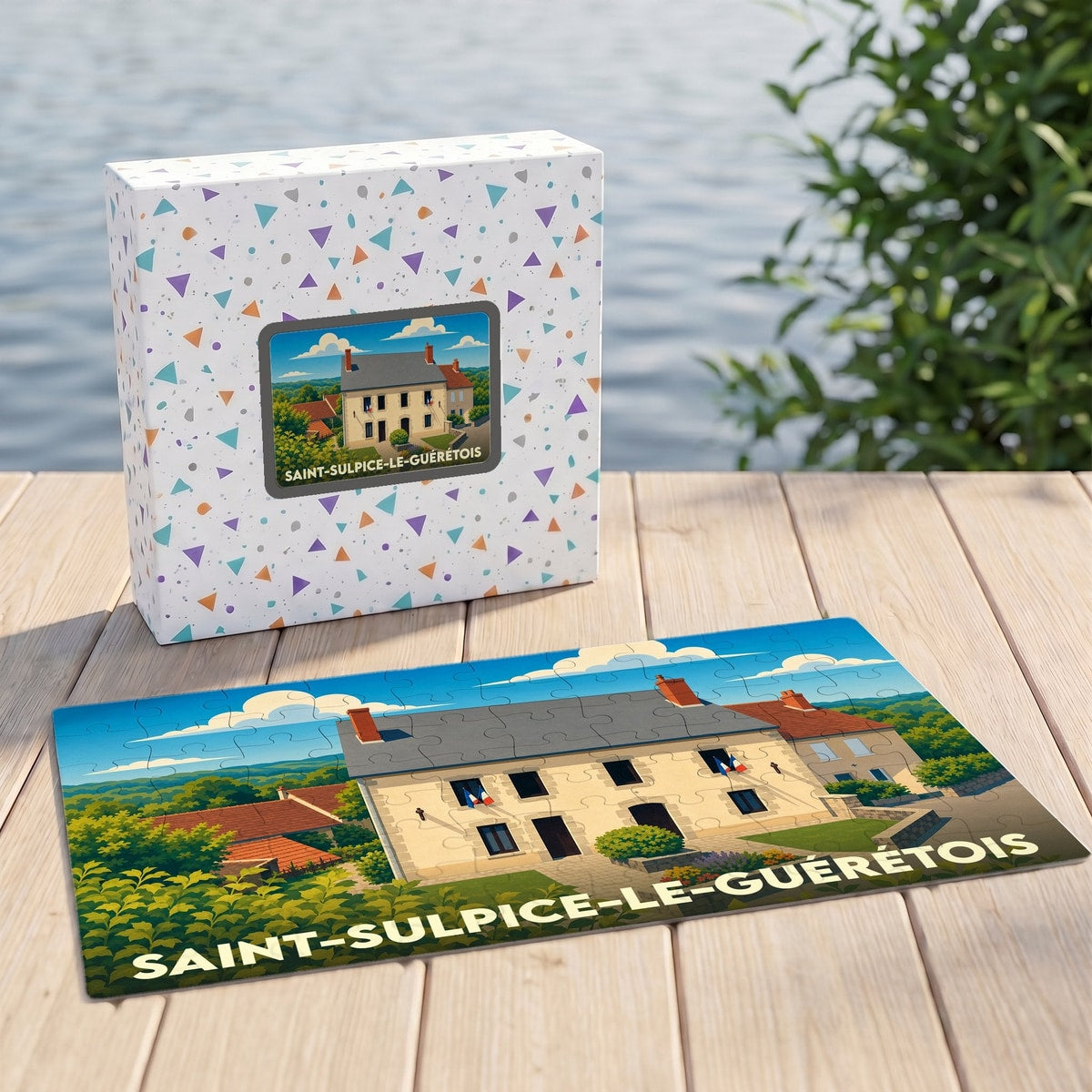 Puzzle souvenir de la ville de Saint-Sulpice-le-Guérétois illustrant sa mairie dans un style coloré.
