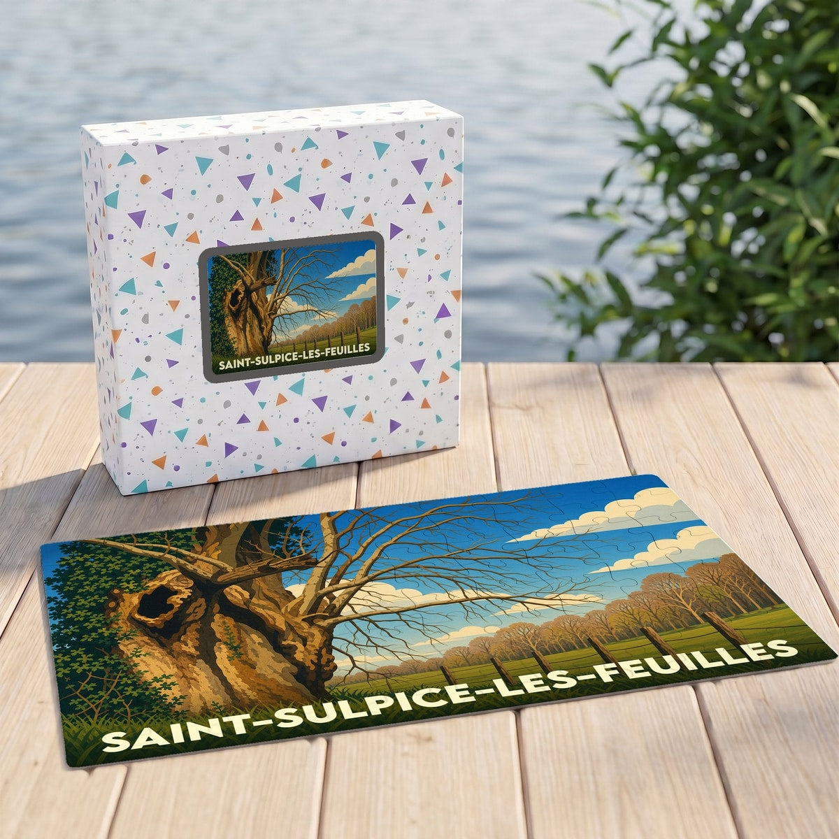 Puzzle souvenir de la ville de Saint-Sulpice-les-Feuilles avec une illustration stylisée d'un arbre ancien.