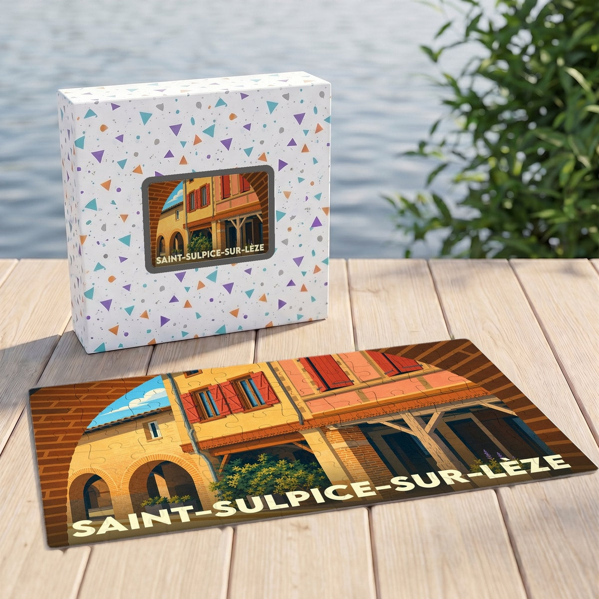 Puzzle souvenir de la ville de Saint-Sulpice-sur-Lèze avec une illustration stylisée de son architecture traditionnelle.