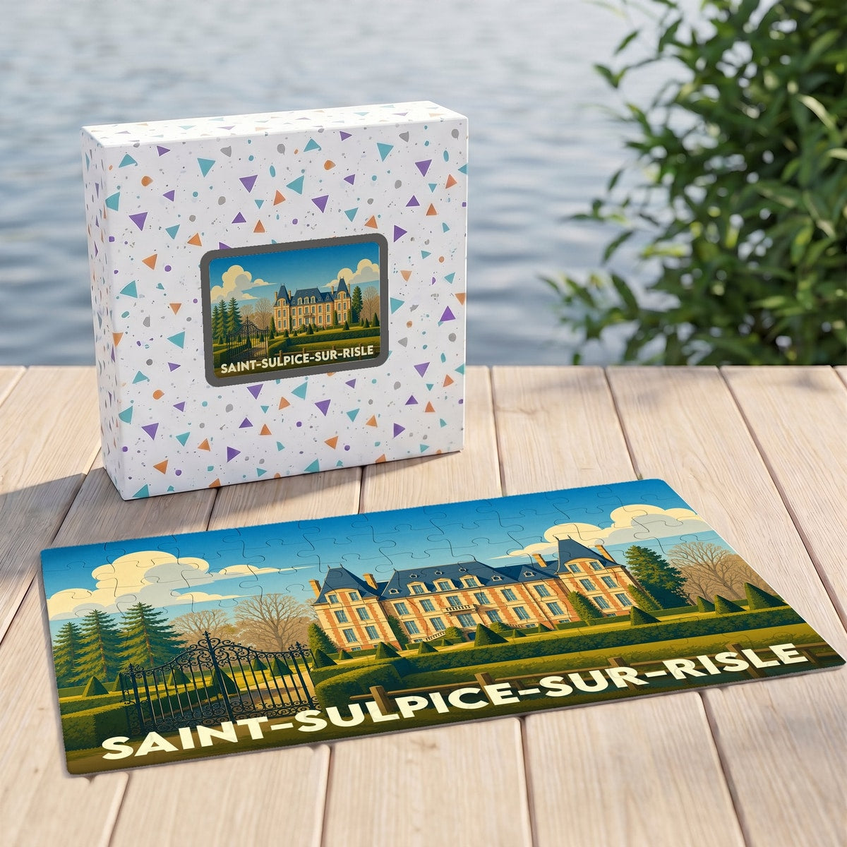 Puzzle souvenir de la ville de Saint-Sulpice-sur-Risle avec une illustration stylisée de son château.