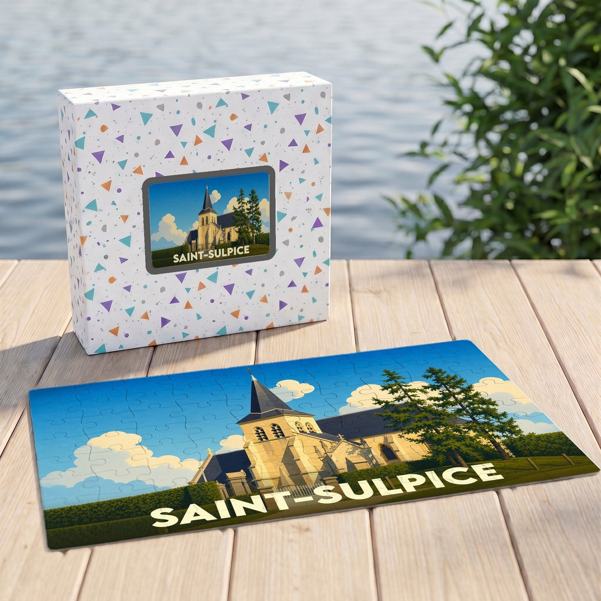Puzzle souvenir de la ville de Saint-Sulpice avec une illustration stylisée d'une église sous un ciel bleu.