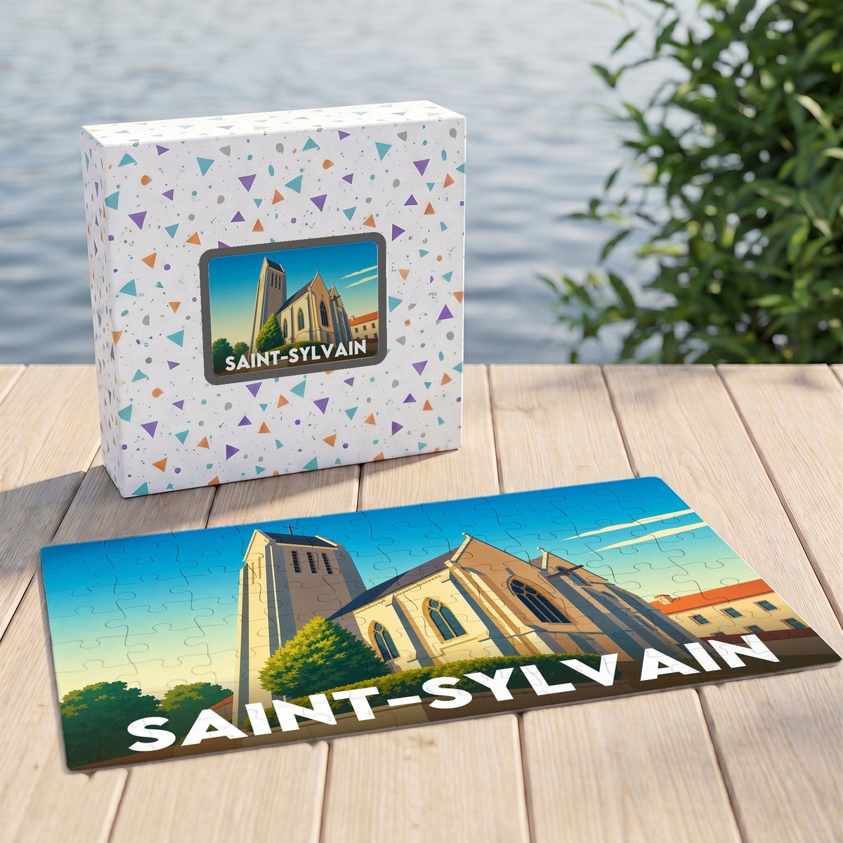 Puzzle souvenir de la ville de Saint-Sylvain avec une illustration stylisée de son église.