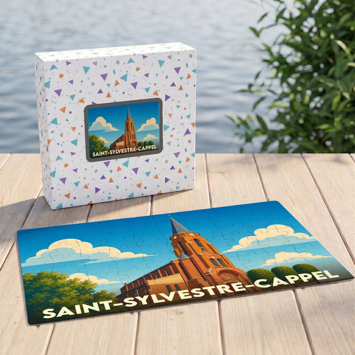 Puzzle souvenir de la ville de Saint-Sylvestre-Cappel avec une illustration stylisée de son église et de son clocher.