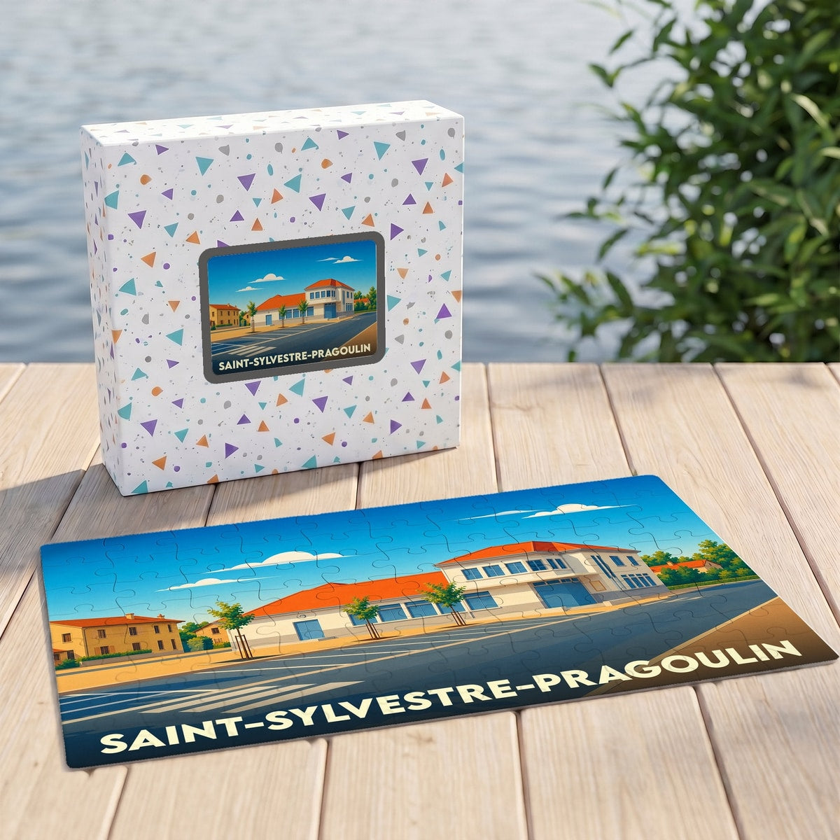 Puzzle souvenir de la ville de Saint-Sylvestre-Pragoulin avec une illustration stylisée et colorée.