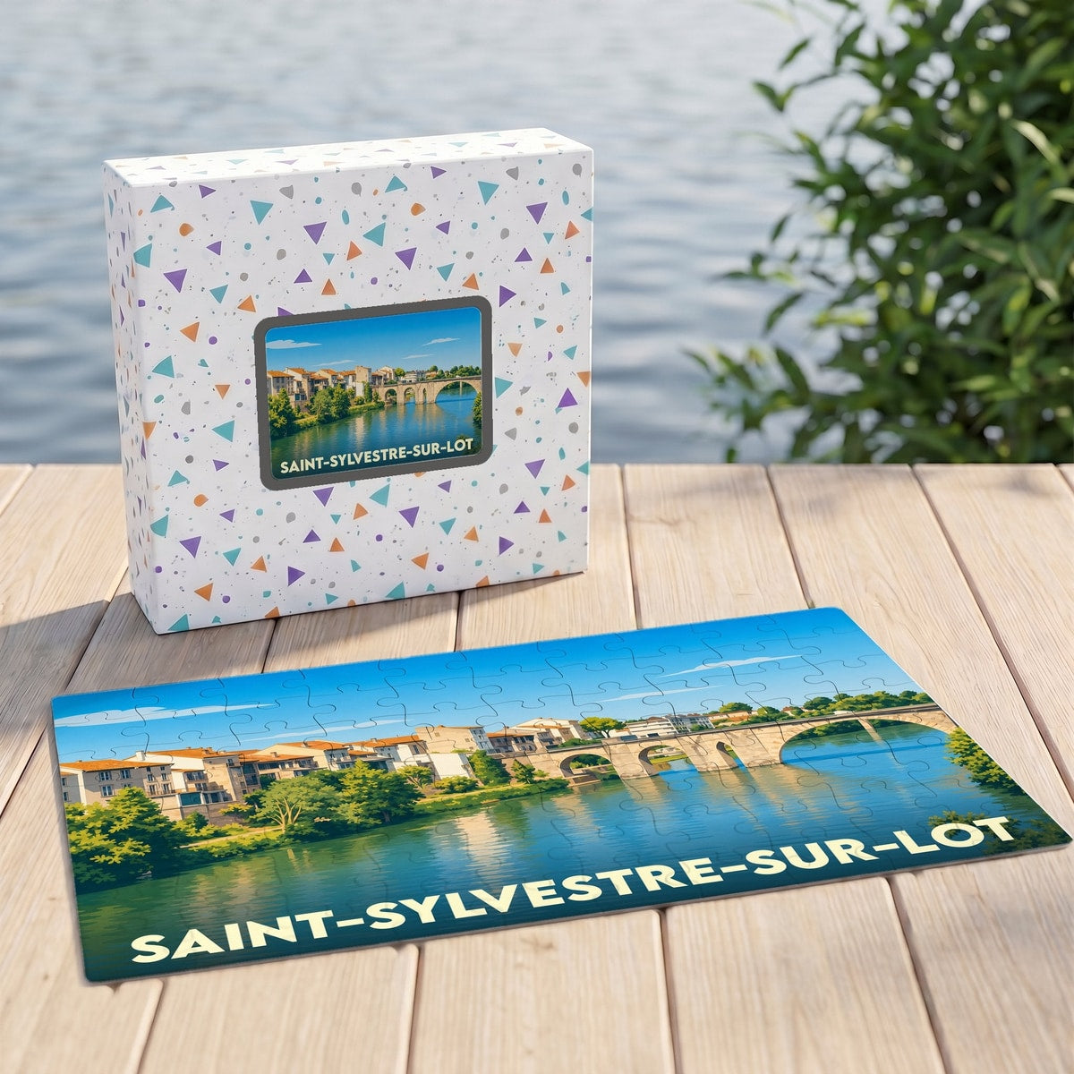 Puzzle souvenir de la ville de Saint-Sylvestre-sur-Lot avec une illustration de son pont et de ses quais.