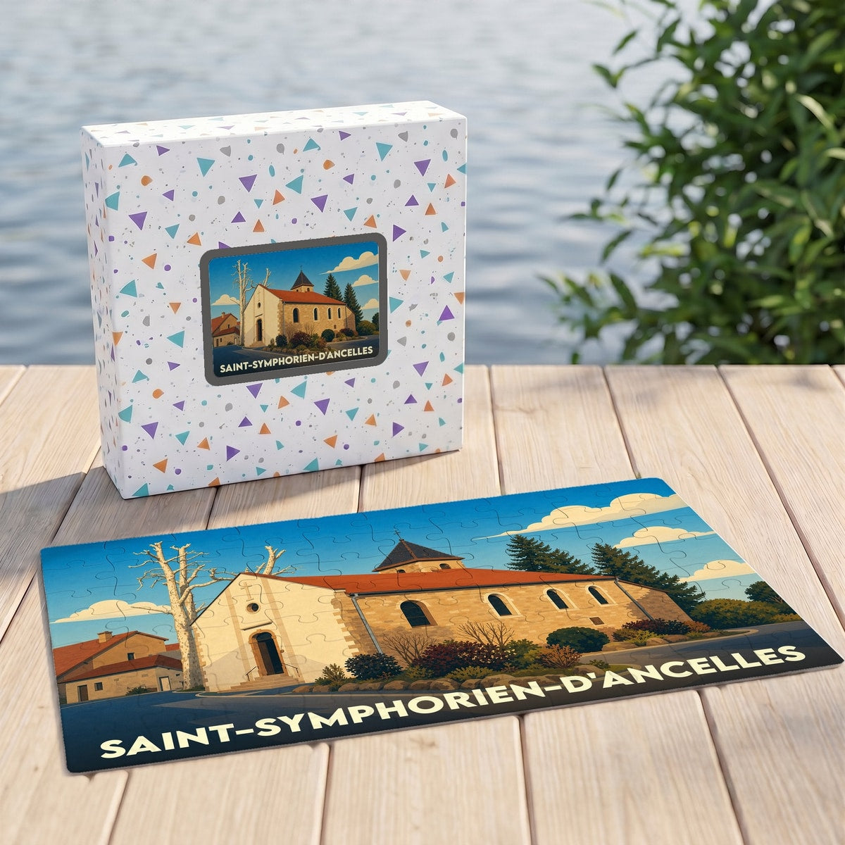Puzzle souvenir de la ville de Saint-Symphorien-d'Ancelles avec une illustration stylisée de son église.