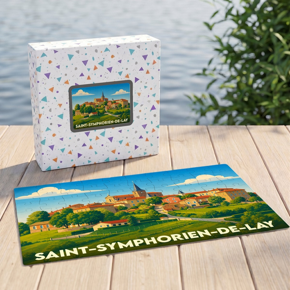 Puzzle souvenir de la ville de Saint-Symphorien-de-Lay avec une illustration colorée et panoramique.