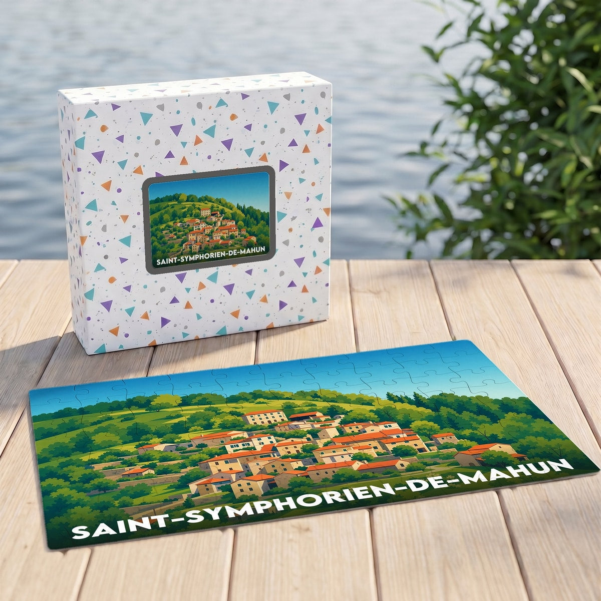 Puzzle souvenir de la ville de Saint-Symphorien-de-Mahun avec une illustration stylisée de son village.
