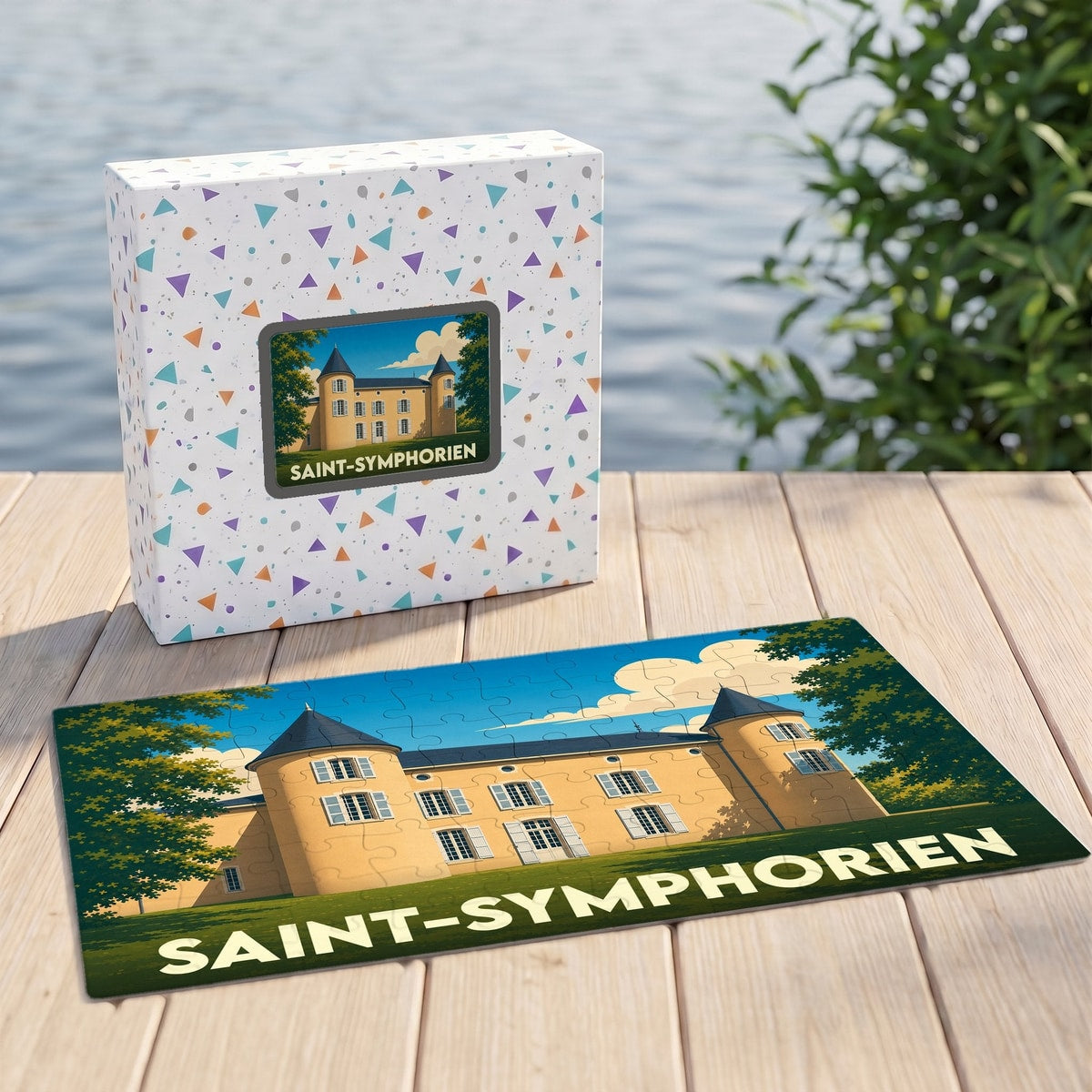 Puzzle souvenir de la ville de Saint-Symphorien représentant son château avec une illustration stylisée.