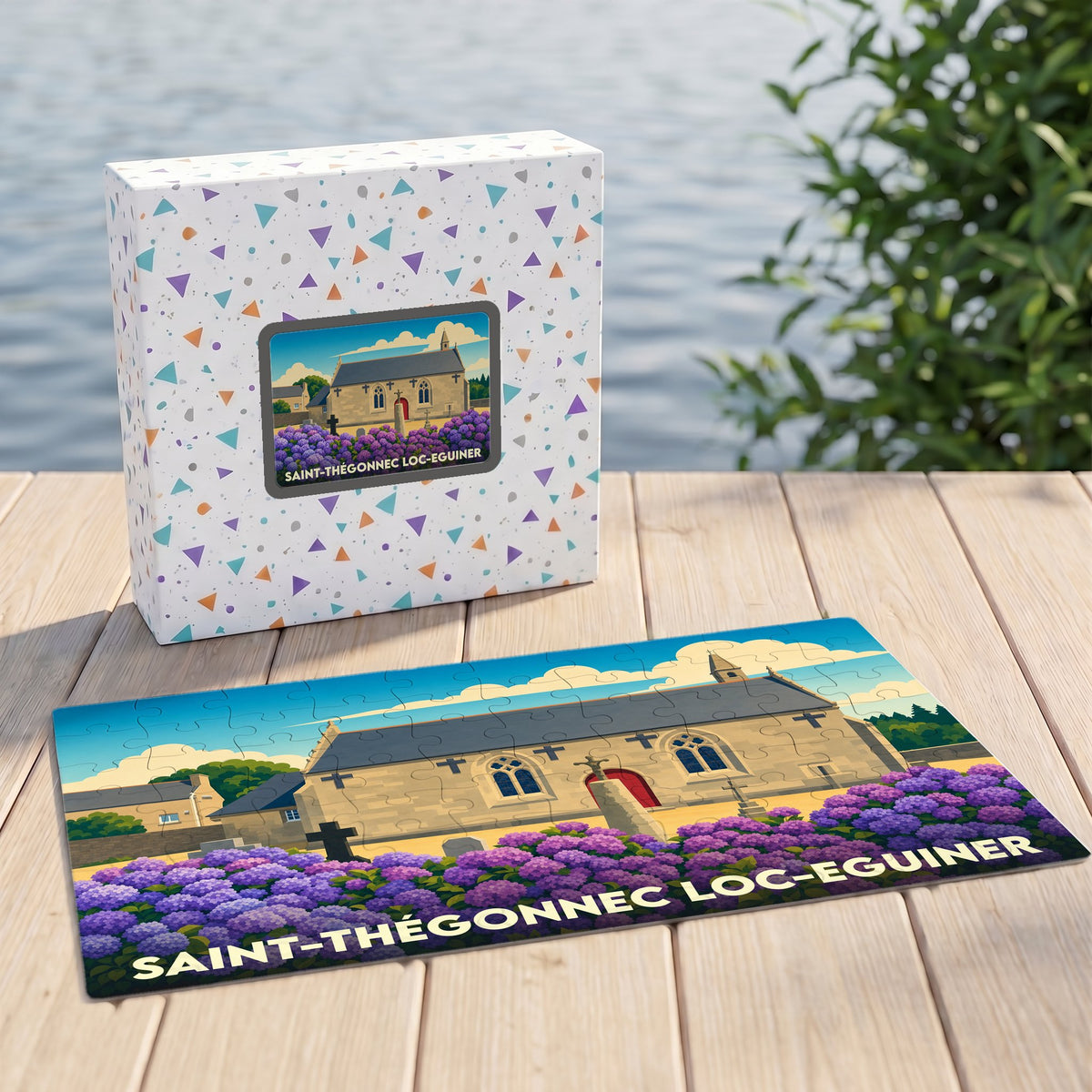 Puzzle souvenir de la ville de Saint-Thégonnec Loc-Eguiner représentant son église et ses hortensias.