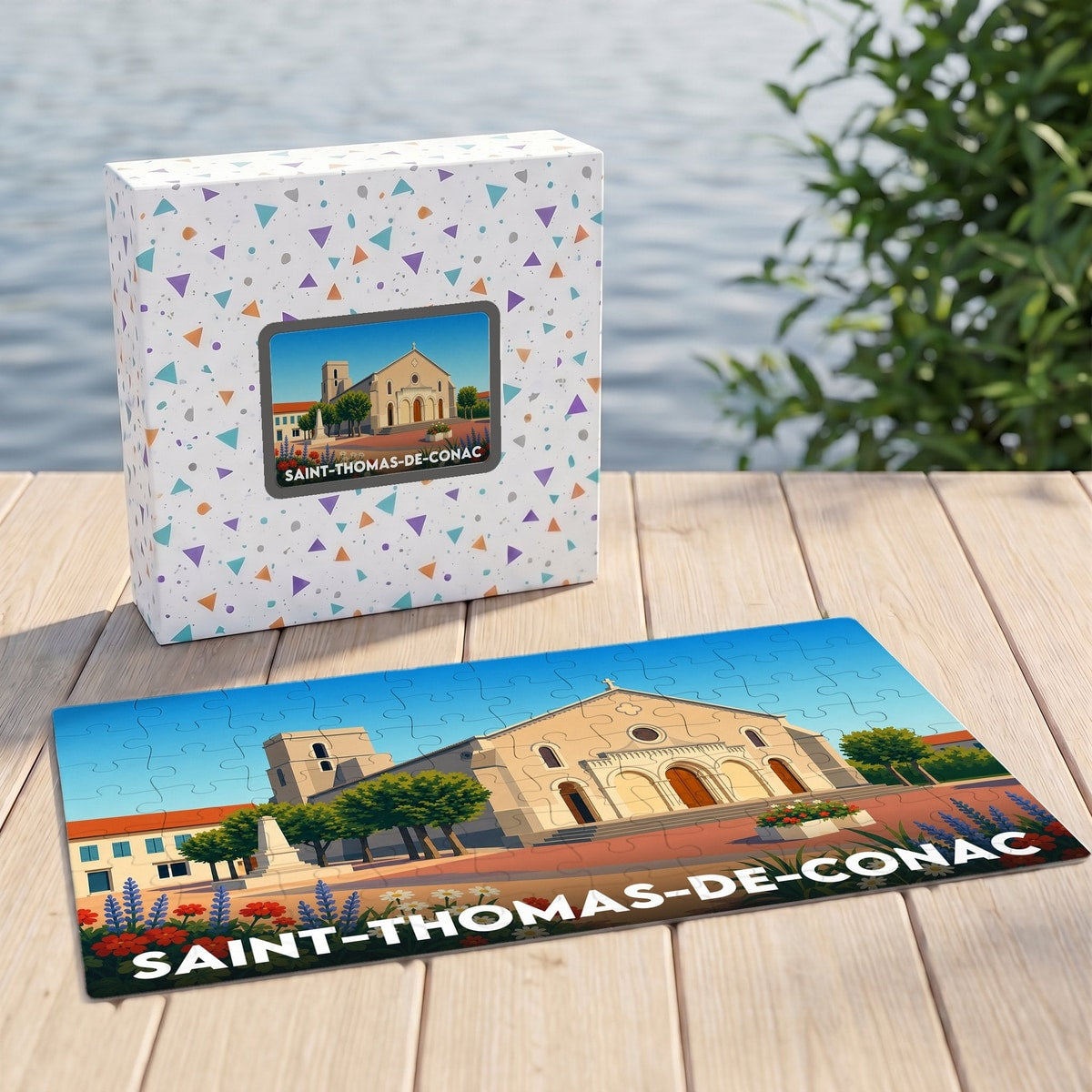Puzzle souvenir de la ville de Saint-Thomas-de-Cônac avec une illustration stylisée de son église et de sa boîte assortie.