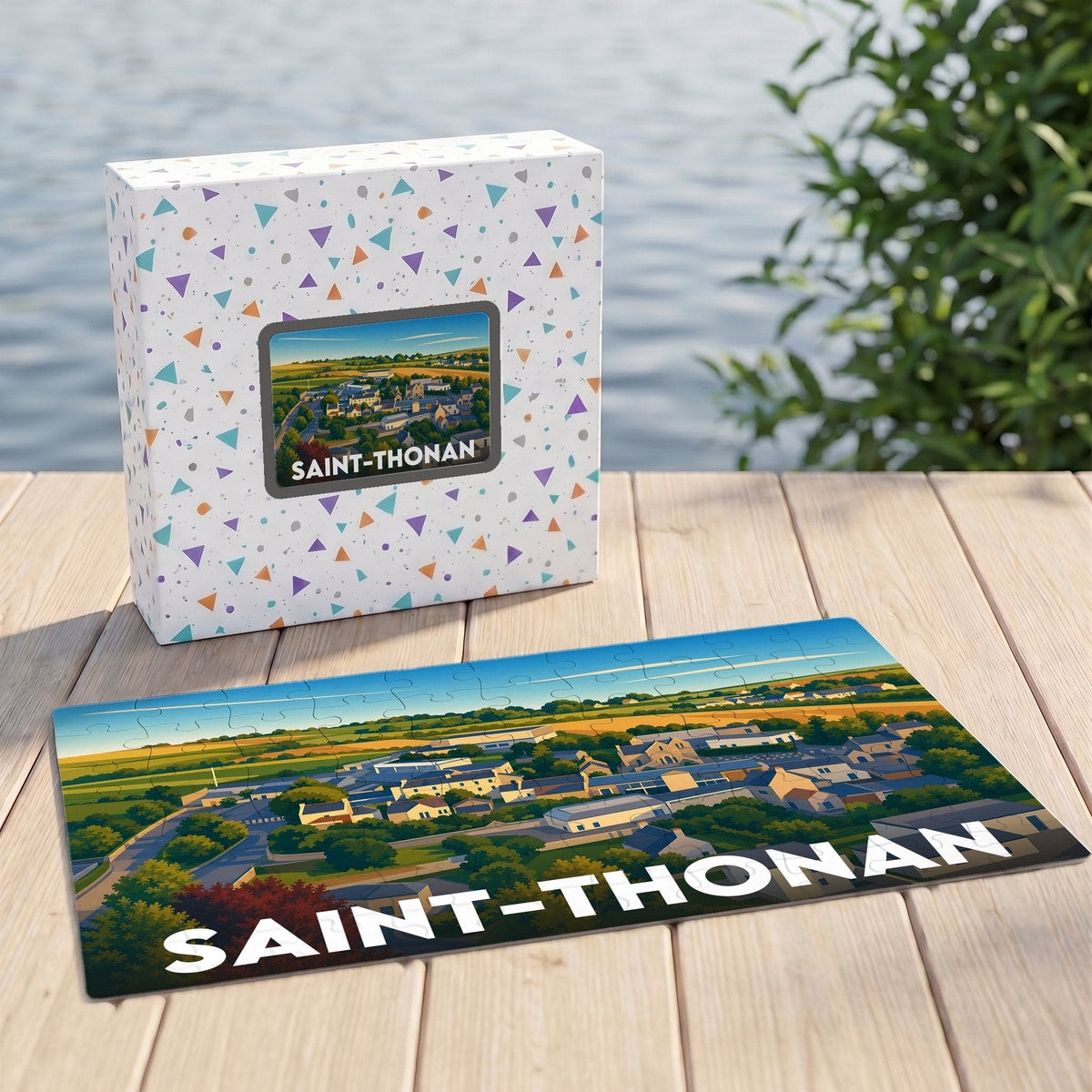 Puzzle souvenir de la ville de Saint-Thonan avec une illustration stylisée d'un paysage urbain.