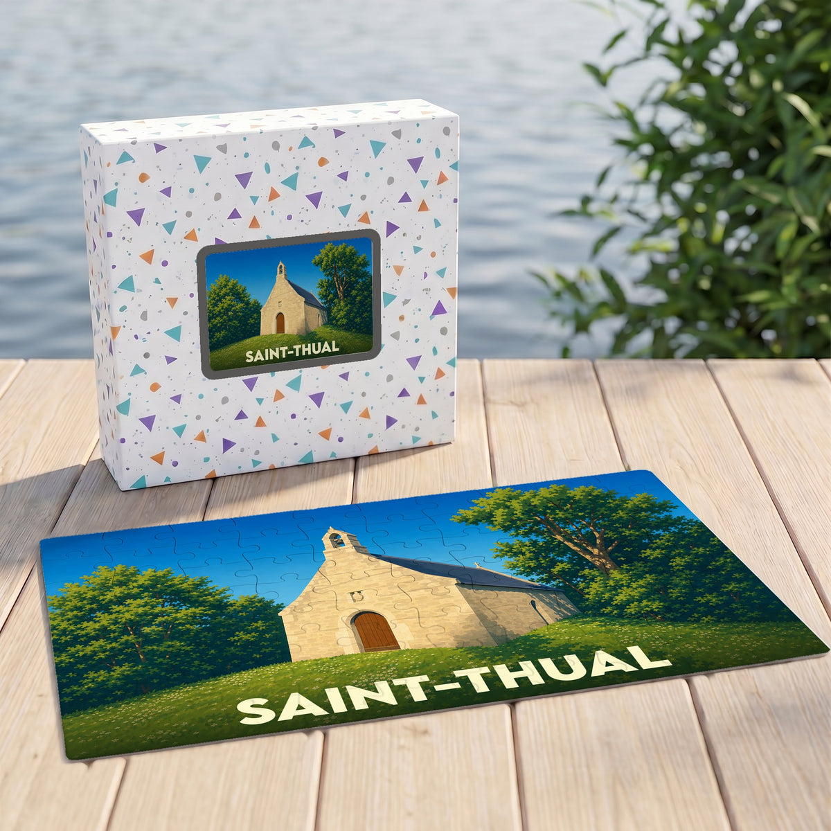 Puzzle souvenir de la ville de Saint-Thual illustrant une chapelle sous un ciel bleu.