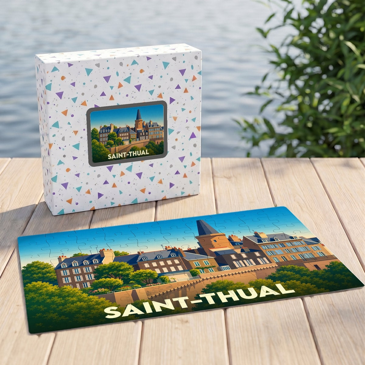 Puzzle souvenir de la ville de Saint-Thual avec une illustration stylisée.